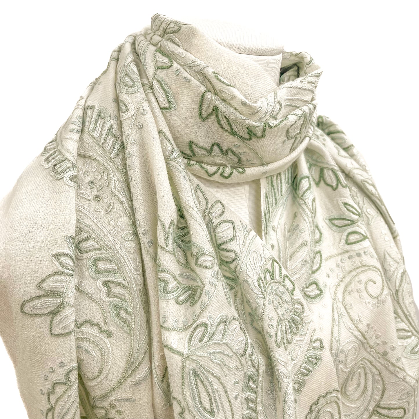 Wool Arly Hand Embroidered Stole (White/Light Green)