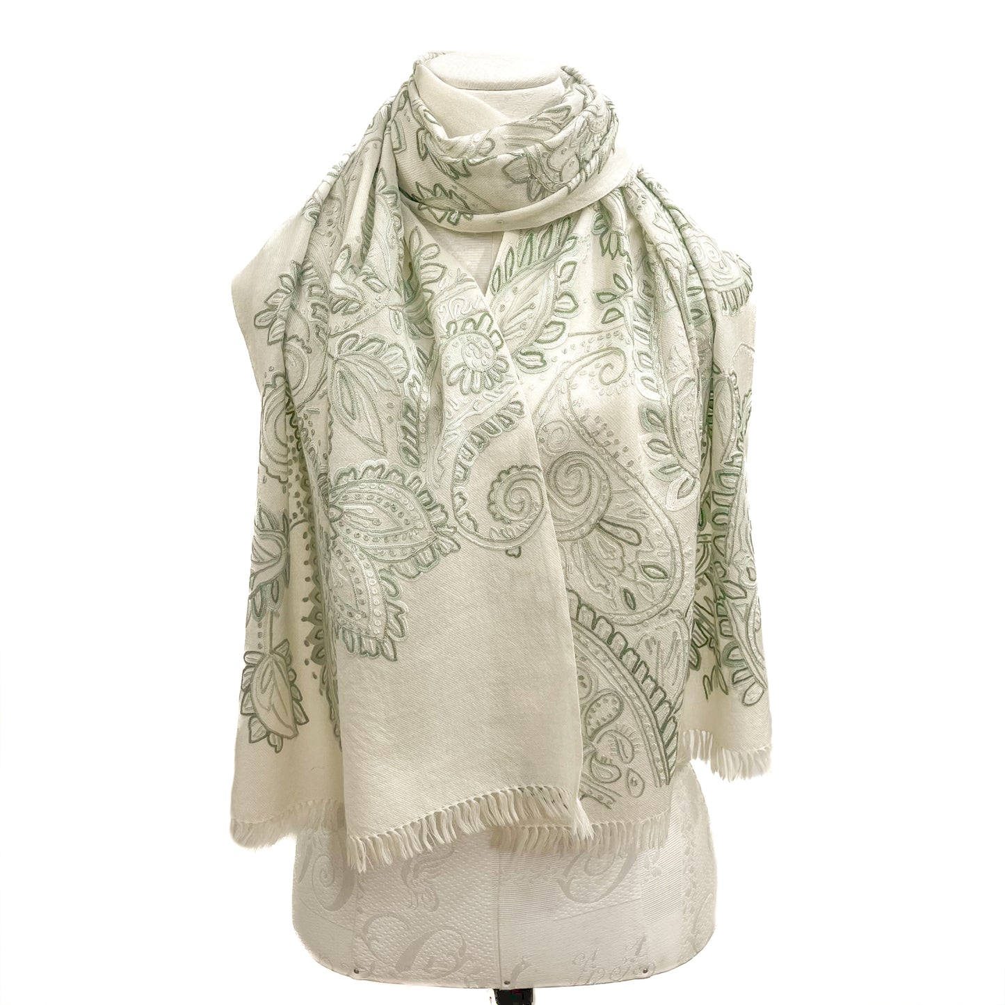 Wool Arly Hand Embroidered Stole (White/Light Green)