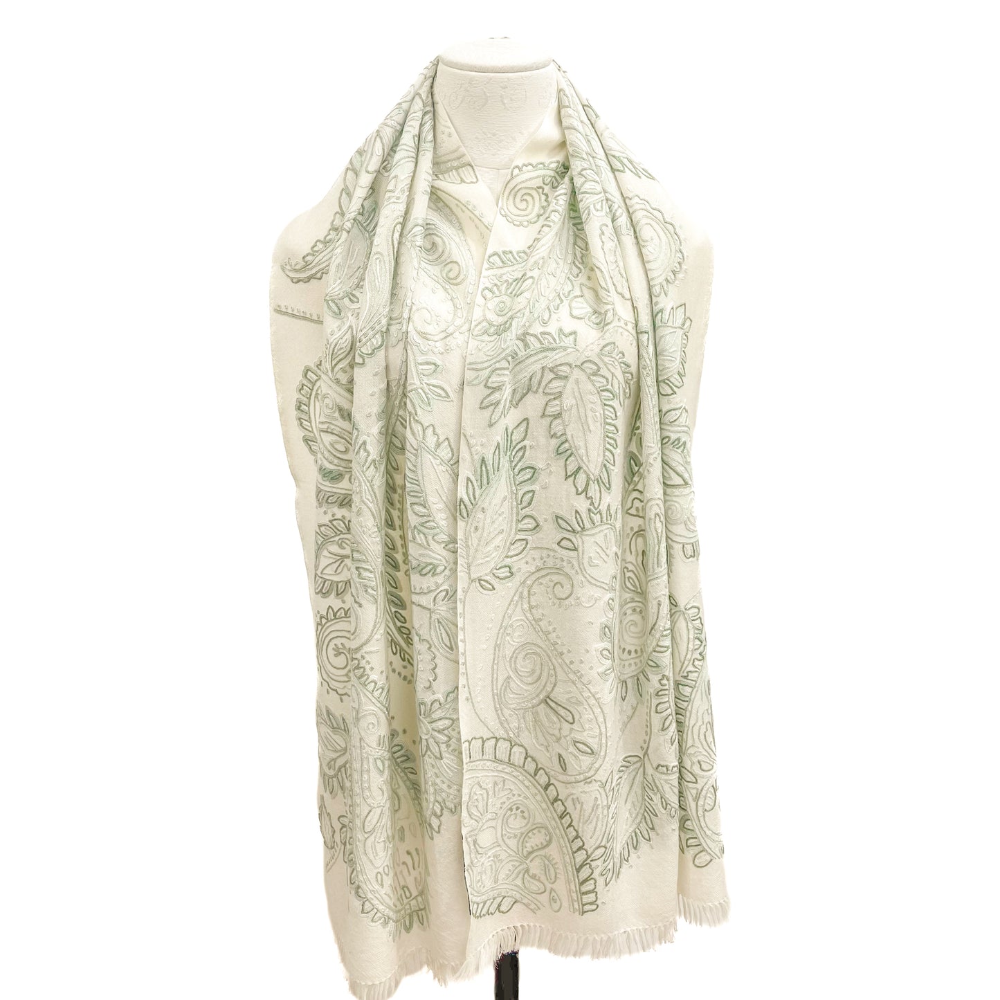 Wool Arly Hand Embroidered Stole (White/Light Green)