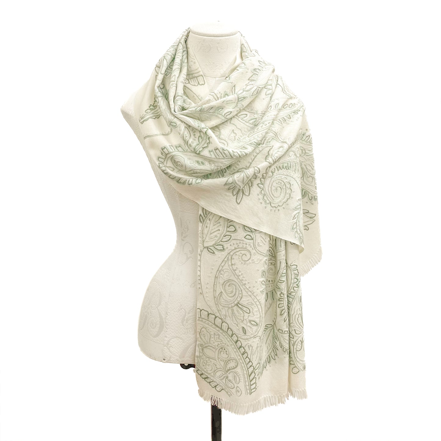 Wool Arly Hand Embroidered Stole (White/Light Green)