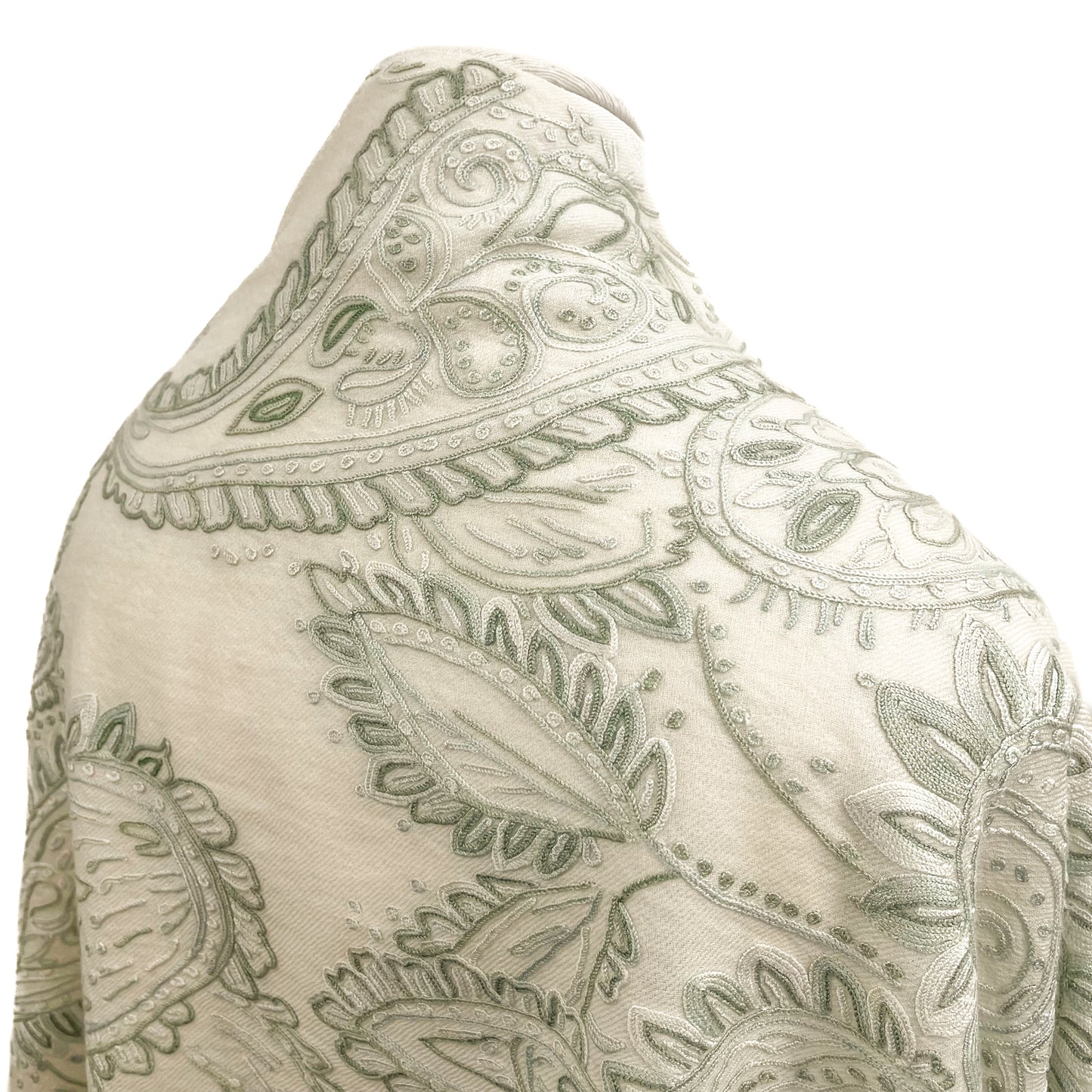 Wool Arly Hand Embroidered Stole (White/Light Green)