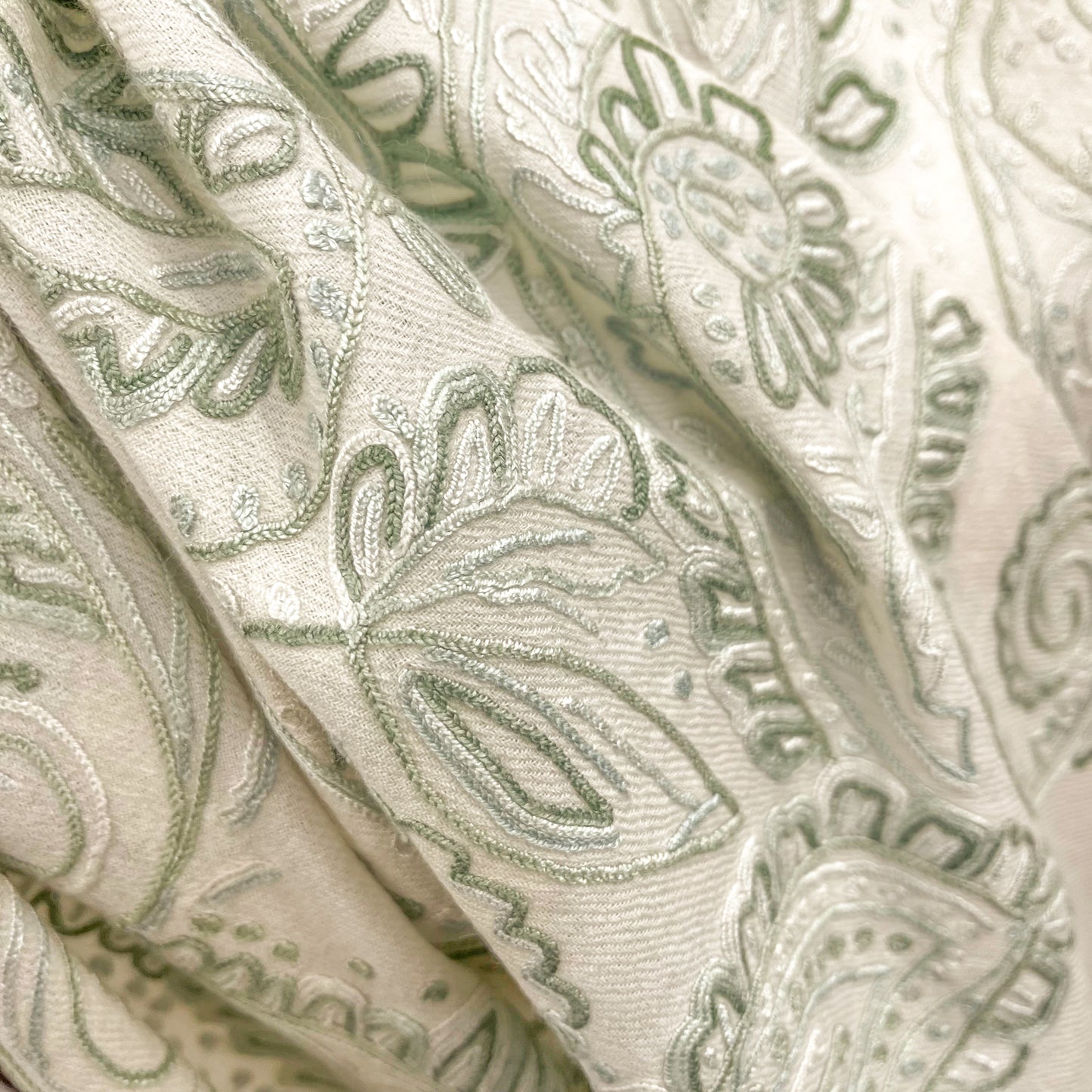 Wool Arly Hand Embroidered Stole (White/Light Green)