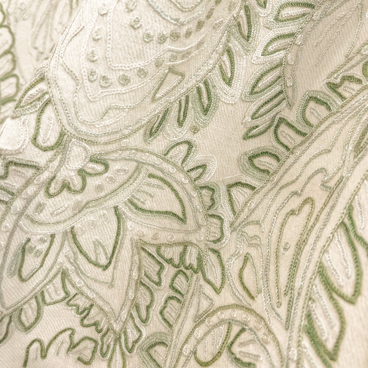Wool Arly Hand Embroidered Stole (White/Light Green)