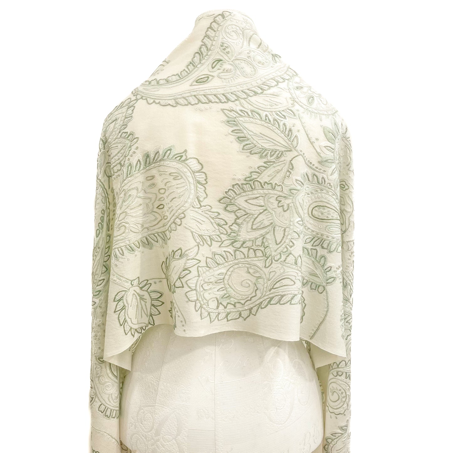 Wool Arly Hand Embroidered Stole (White/Light Green)