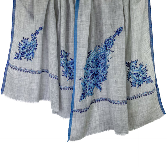 Lightweight wool & silk hand-embroidered stole (light gray/blue)