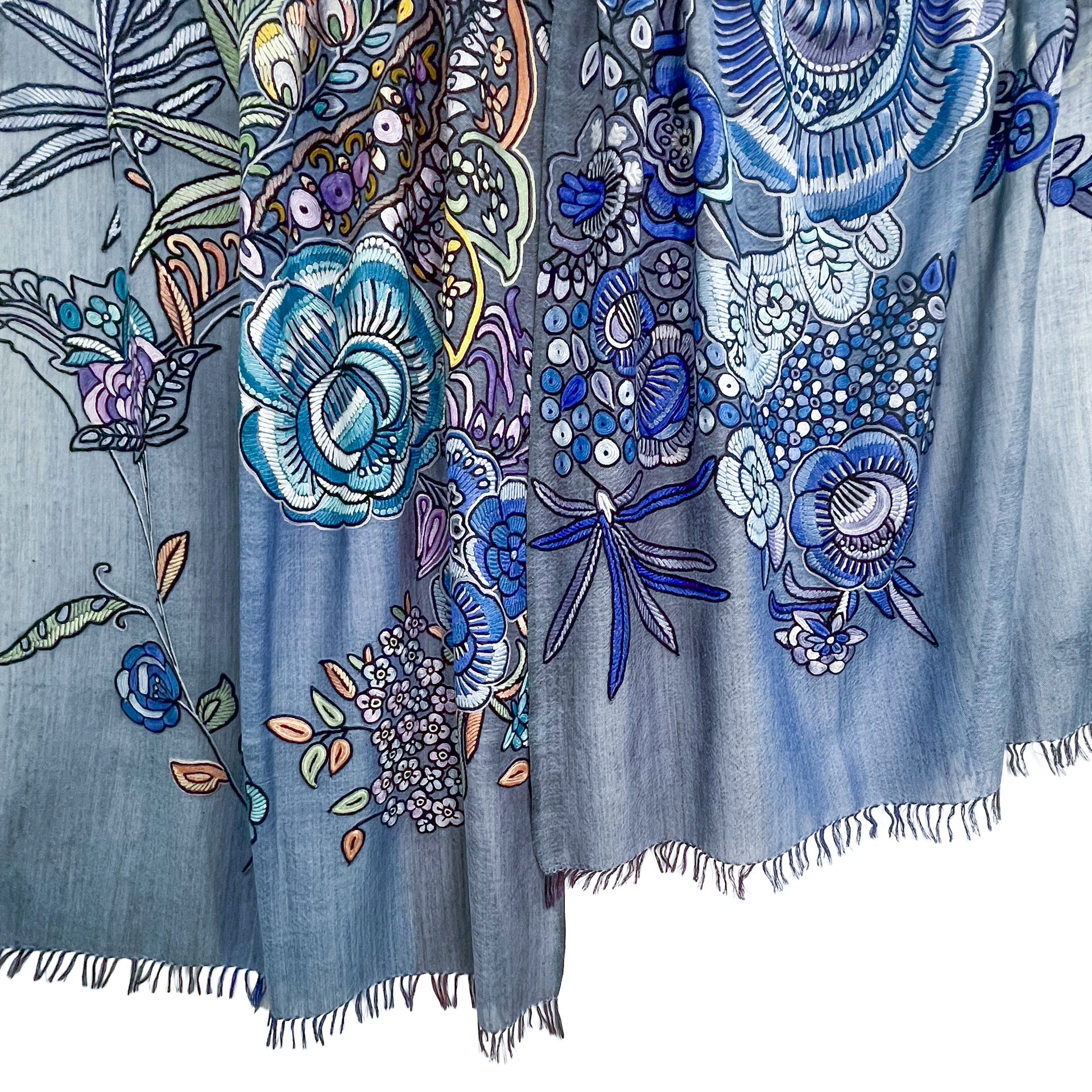 エキゾチックフラワー ウール&シルク アリー手刺繍ストール (ブルー