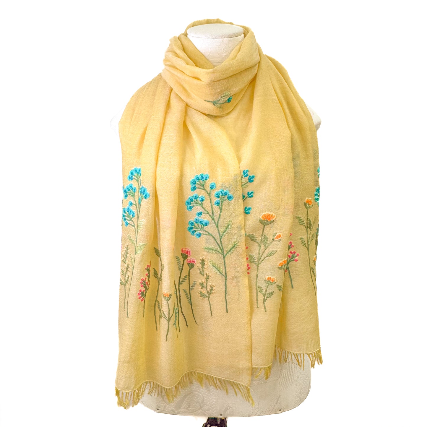 ウール&シルク アリー手刺繍ストール(イエロー)