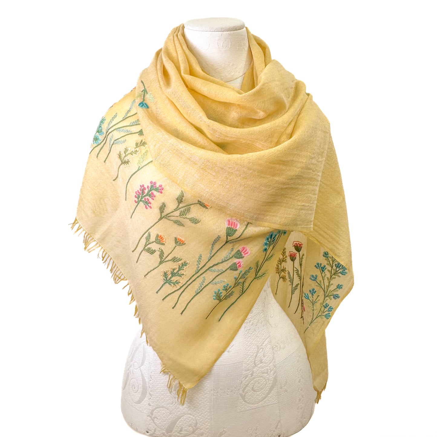 ウール&シルク アリー手刺繍ストール(イエロー)
