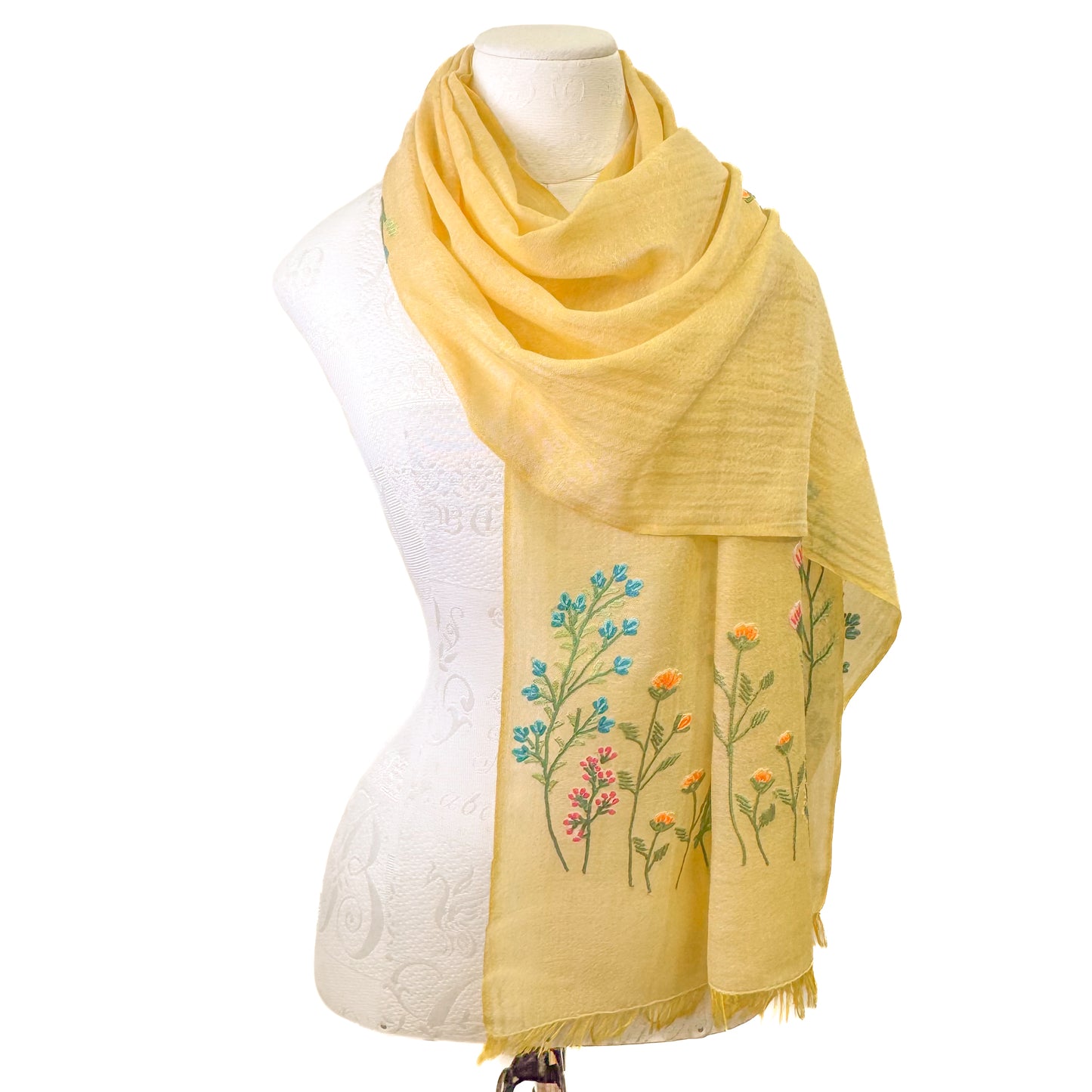 ウール&シルク アリー手刺繍ストール(イエロー)