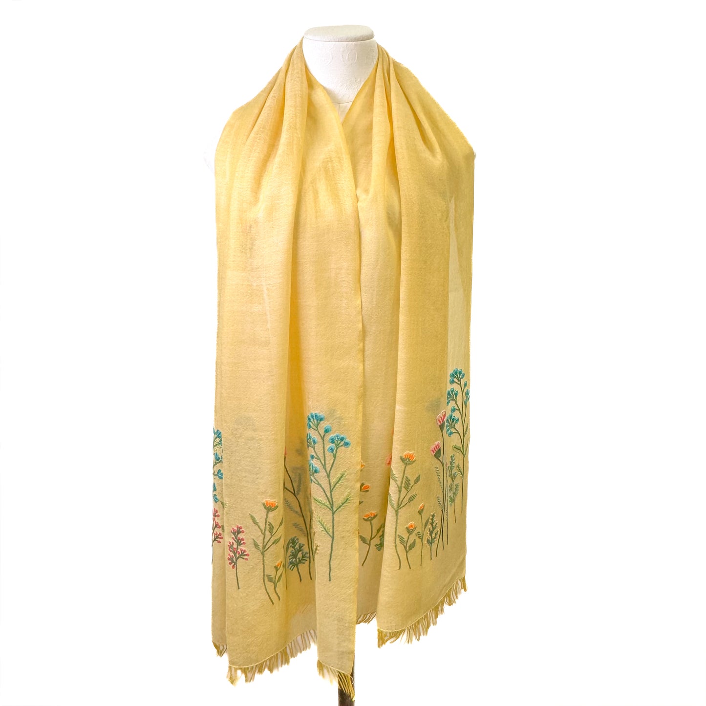 ウール&シルク アリー手刺繍ストール(イエロー)