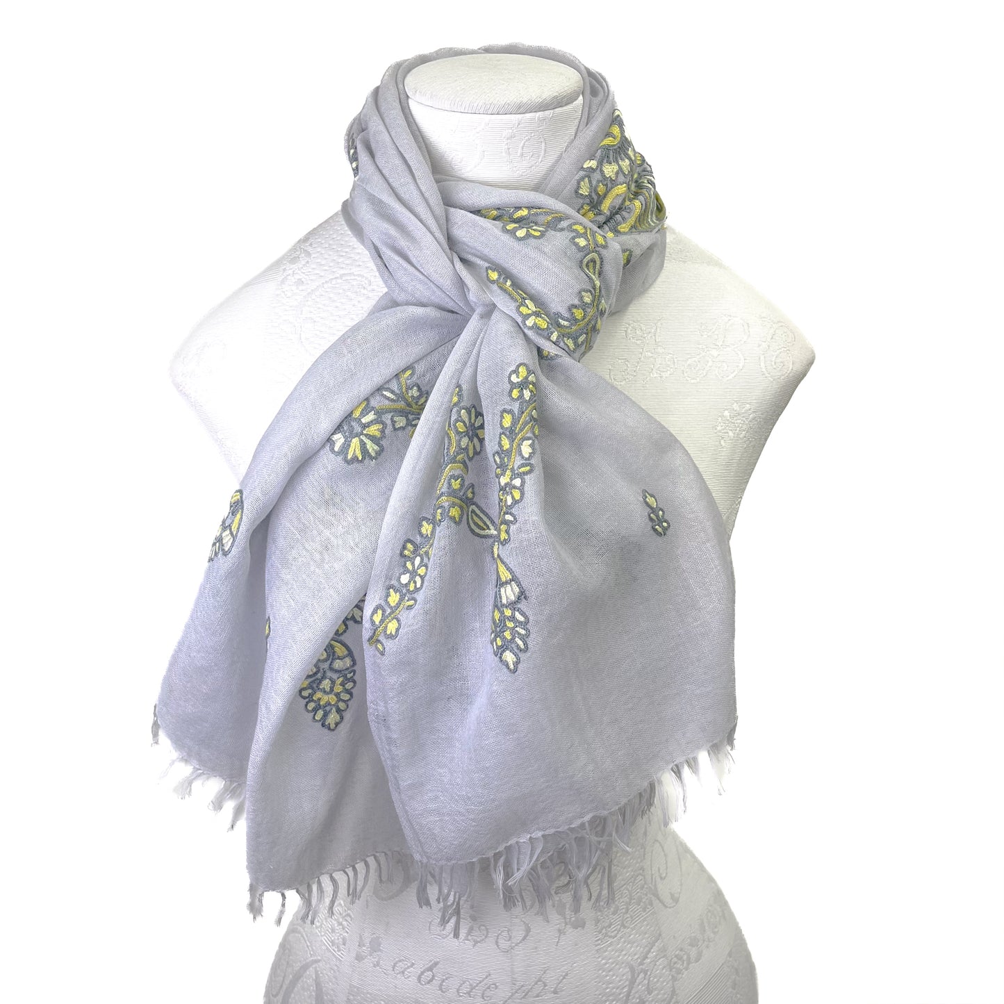 Jewelry Series Lightweight Wool & Silk Allie Hand Embroidered Stole (Light Gray/Yellow)