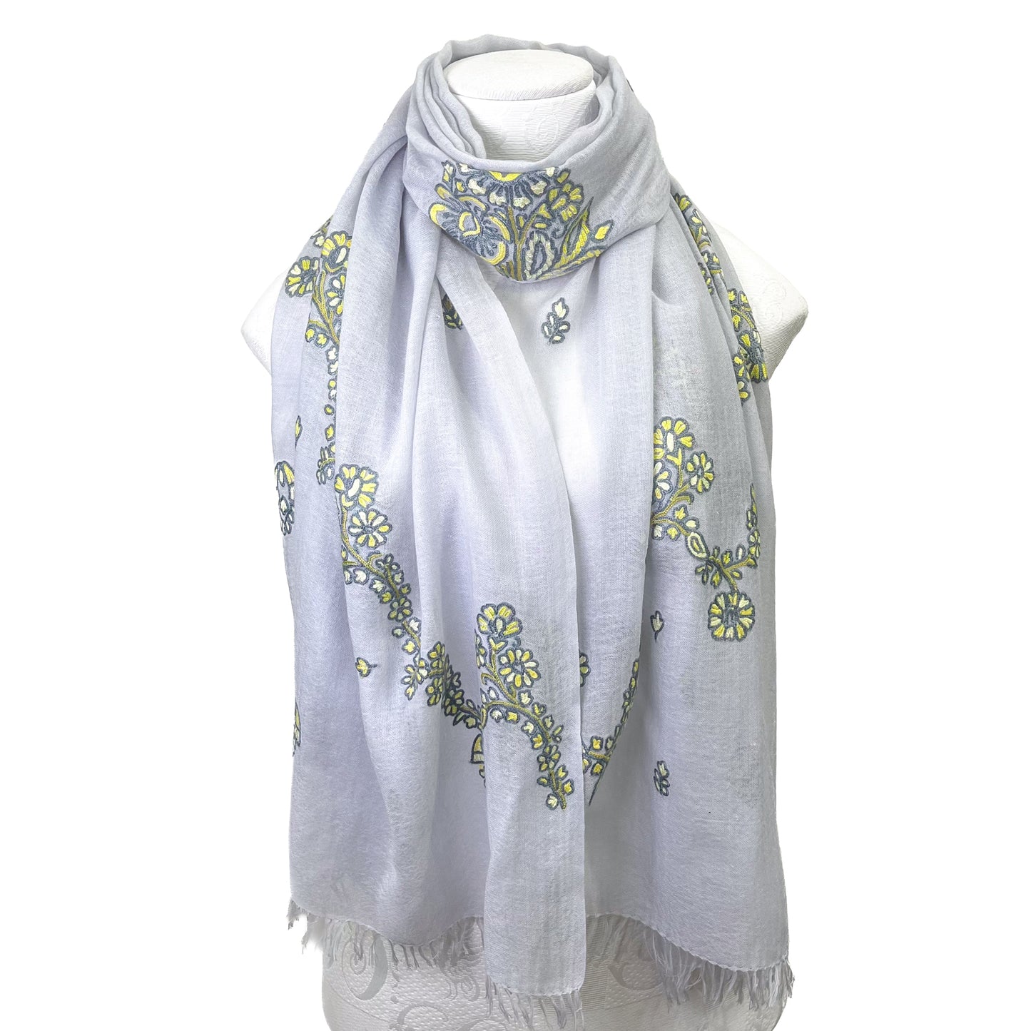 Jewelry Series Lightweight Wool & Silk Allie Hand Embroidered Stole (Light Gray/Yellow)