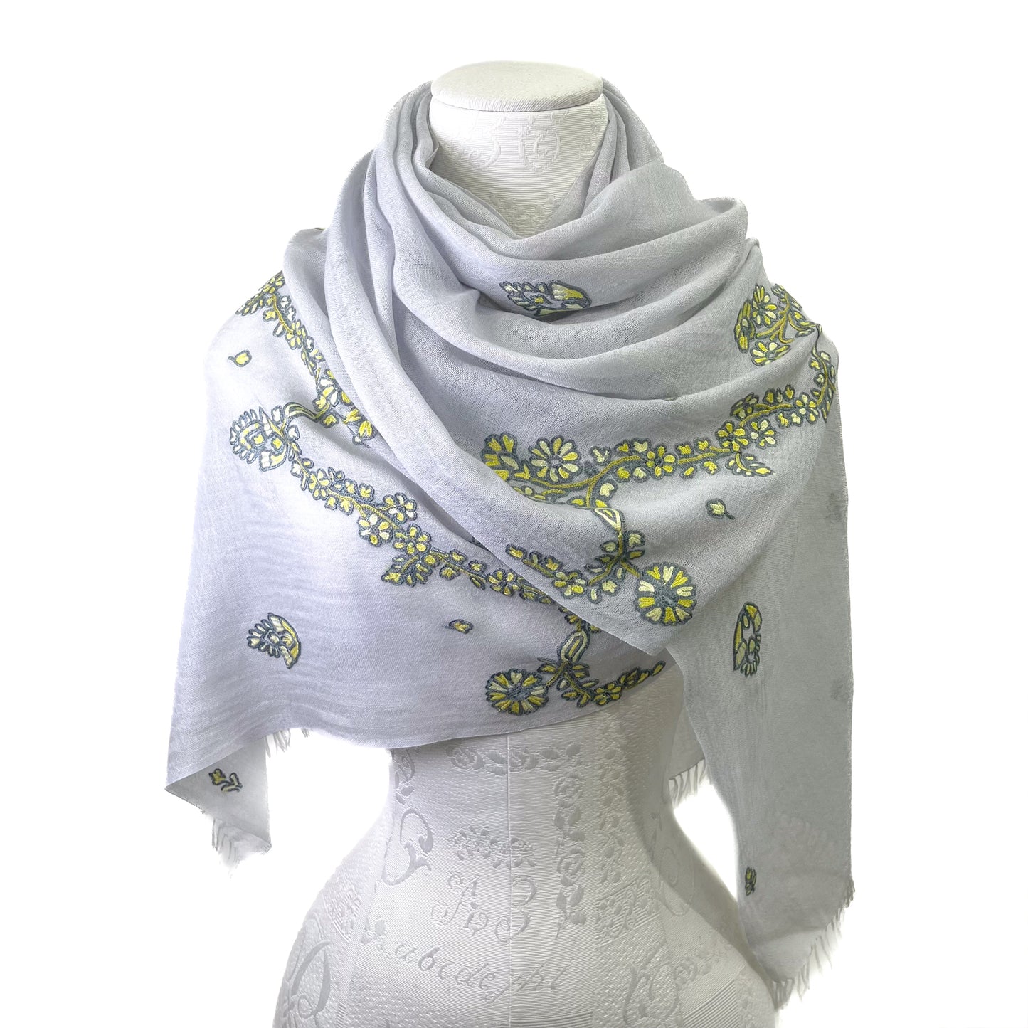 Jewelry Series Lightweight Wool & Silk Allie Hand Embroidered Stole (Light Gray/Yellow)
