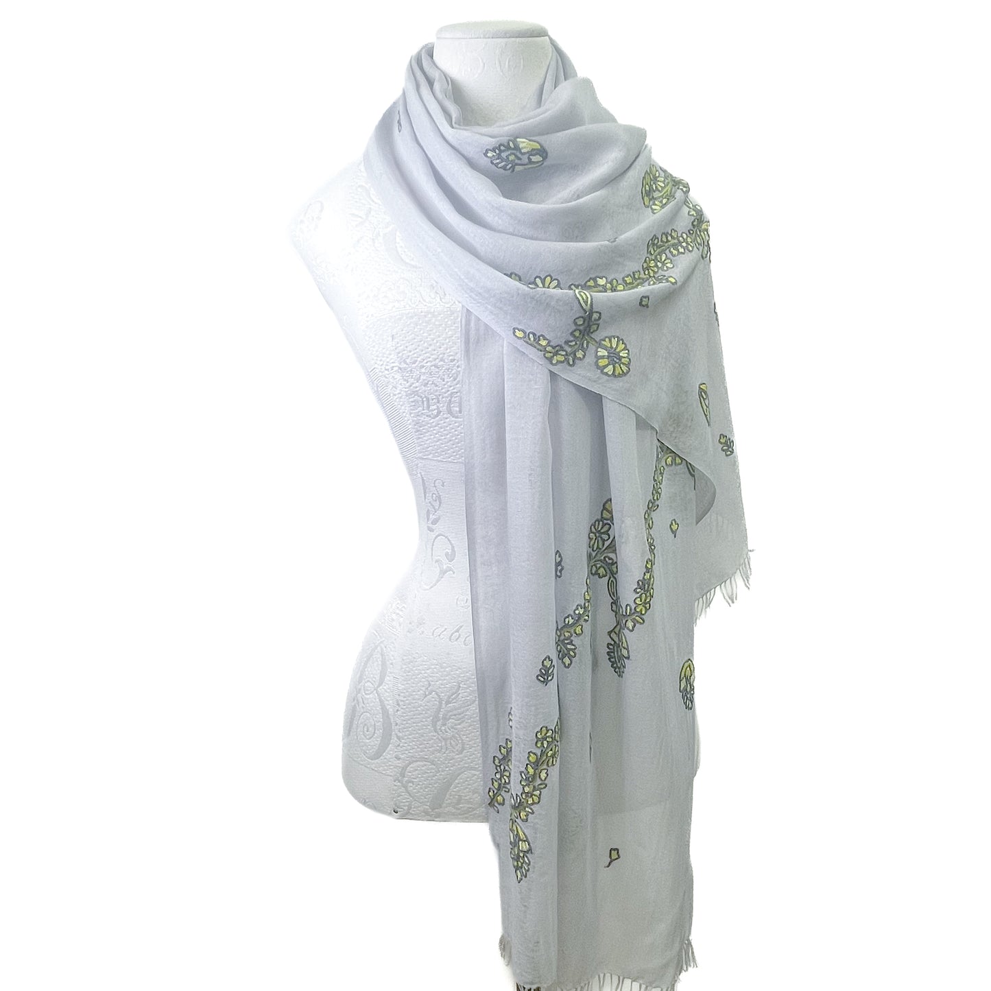 Jewelry Series Lightweight Wool & Silk Allie Hand Embroidered Stole (Light Gray/Yellow)