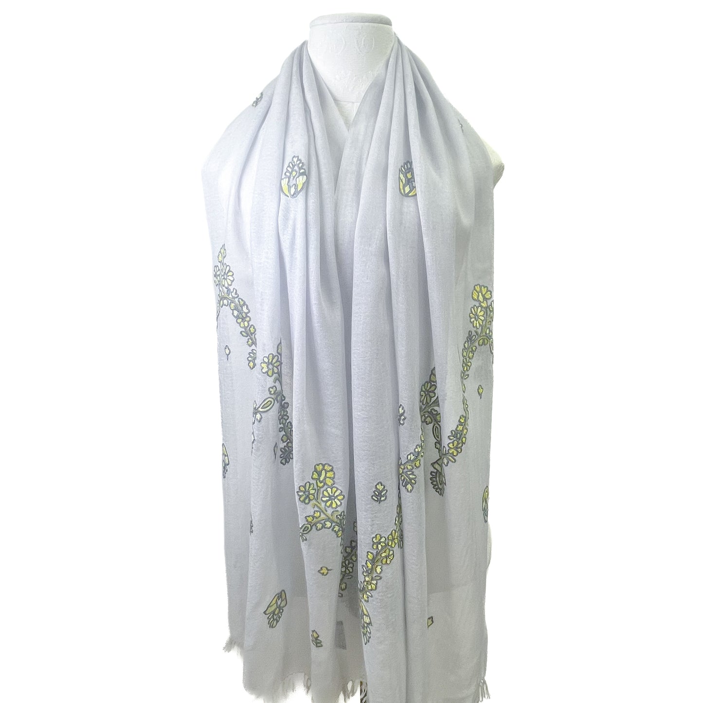 Jewelry Series Lightweight Wool & Silk Allie Hand Embroidered Stole (Light Gray/Yellow)