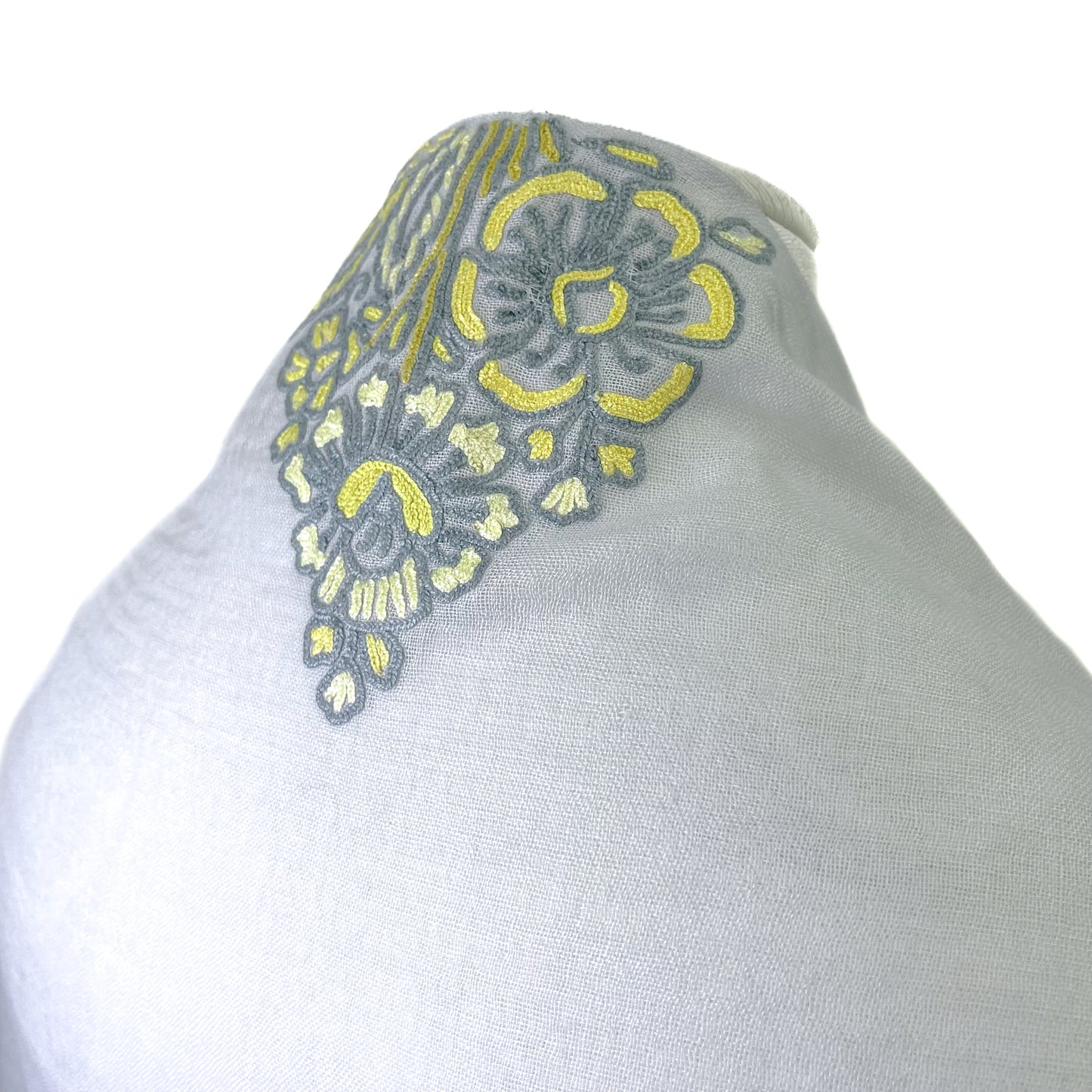 Jewelry Series Lightweight Wool & Silk Allie Hand Embroidered Stole (Light Gray/Yellow)