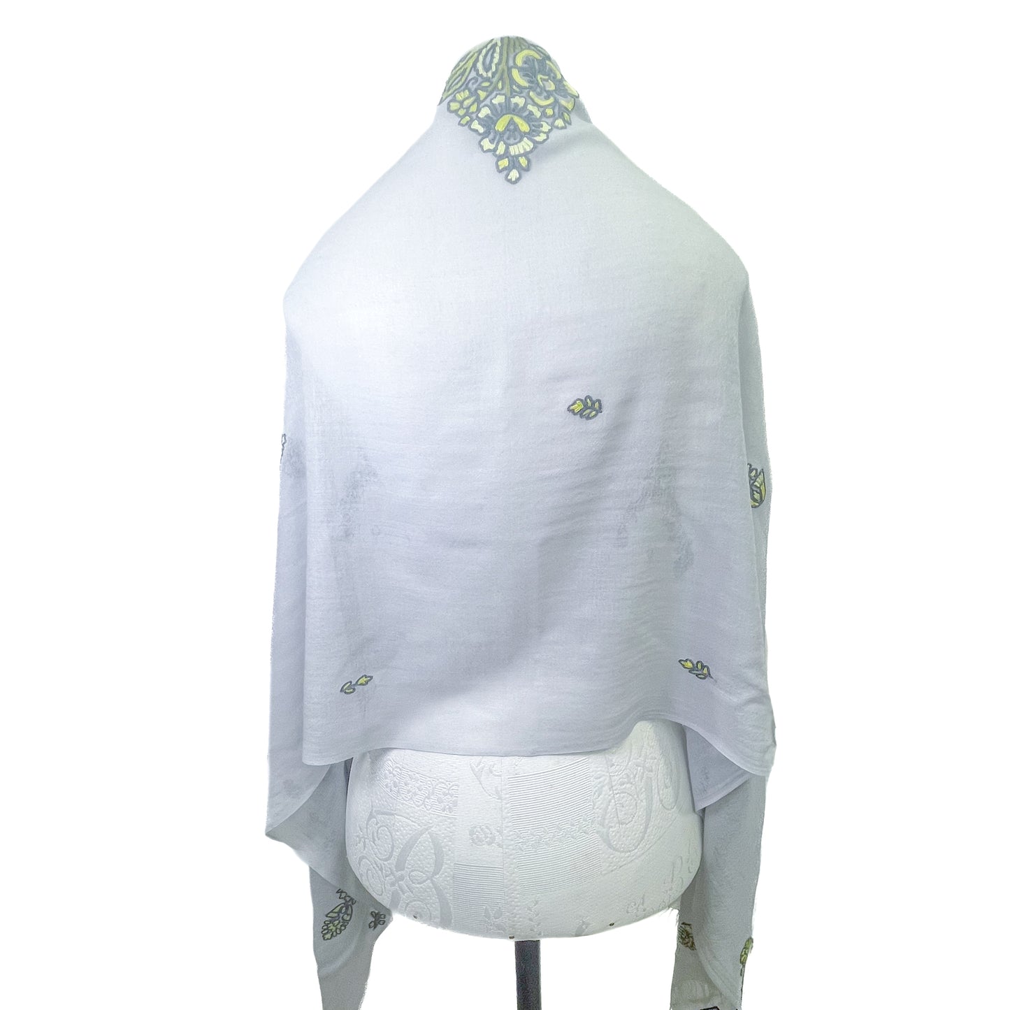 Jewelry Series Lightweight Wool & Silk Allie Hand Embroidered Stole (Light Gray/Yellow)
