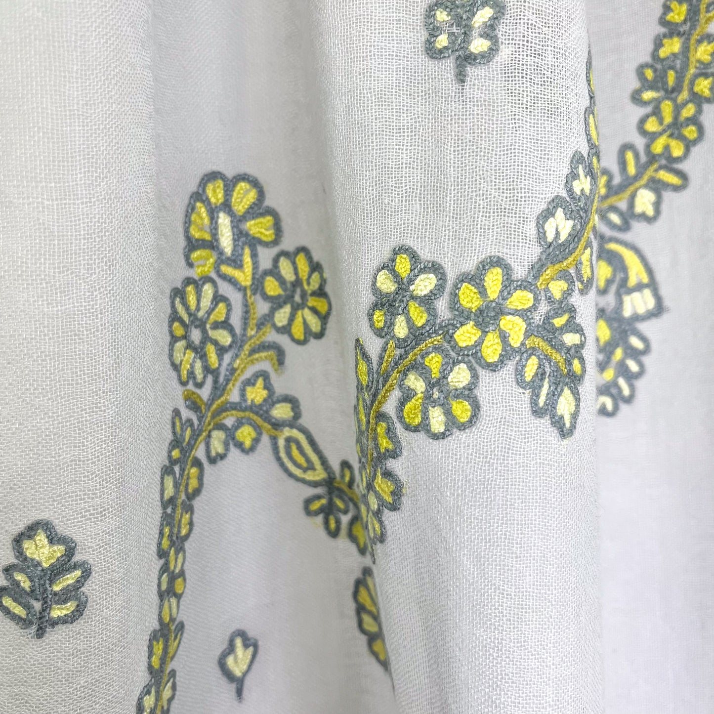 Jewelry Series Lightweight Wool & Silk Allie Hand Embroidered Stole (Light Gray/Yellow)