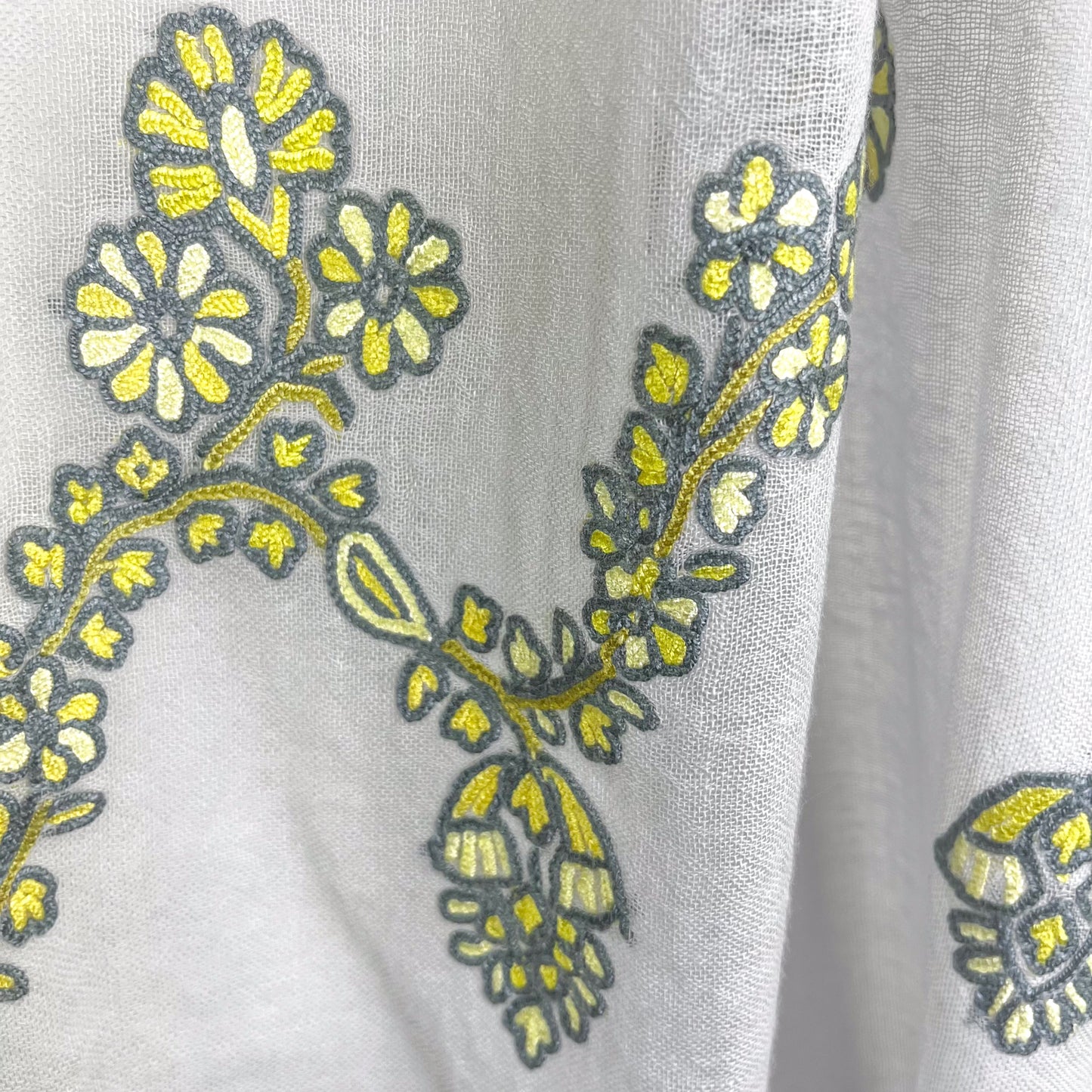 Jewelry Series Lightweight Wool & Silk Allie Hand Embroidered Stole (Light Gray/Yellow)
