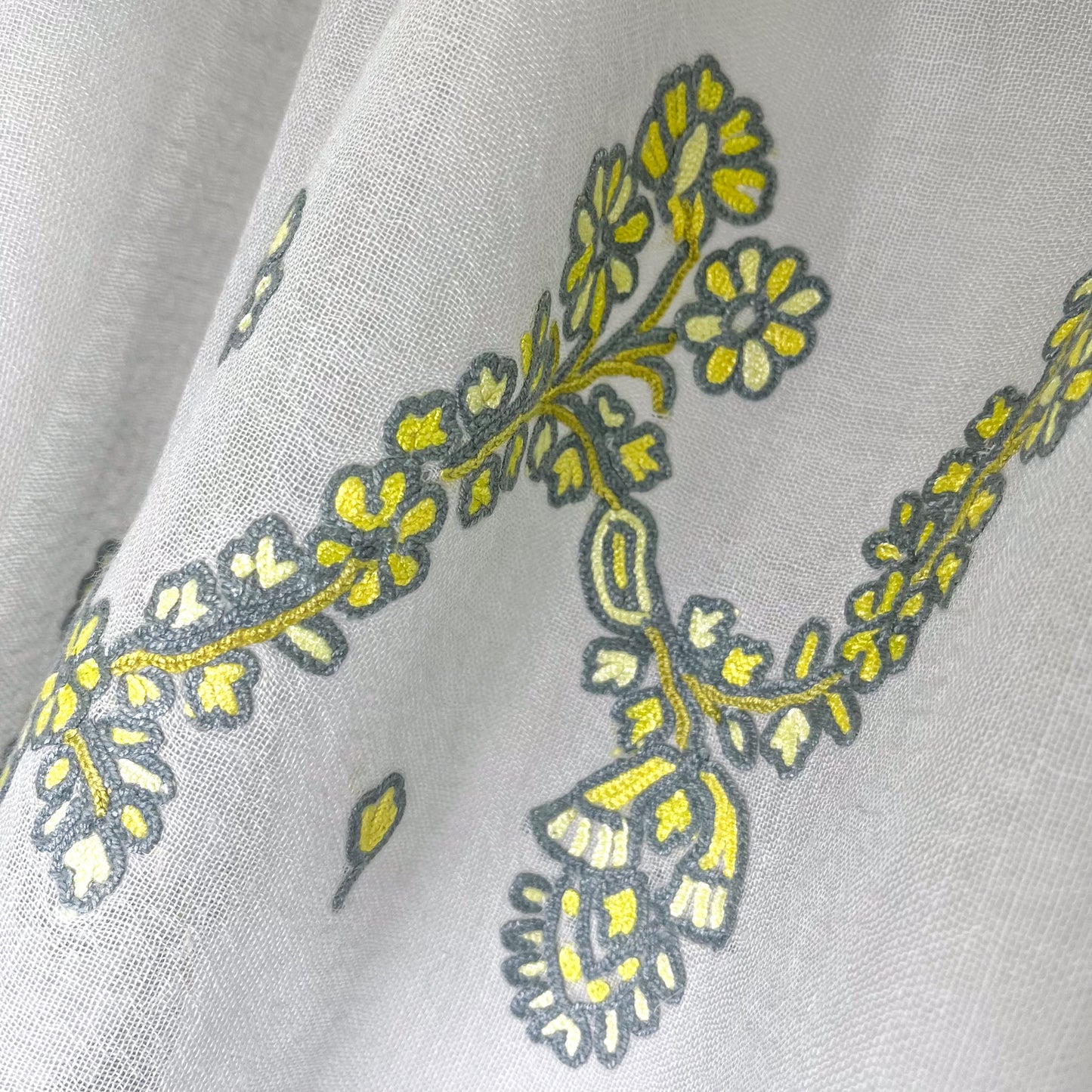 Jewelry Series Lightweight Wool & Silk Allie Hand Embroidered Stole (Light Gray/Yellow)