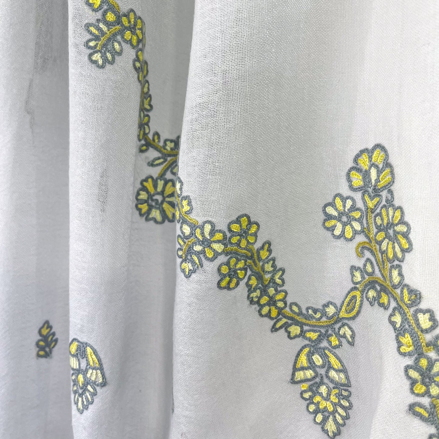 Jewelry Series Lightweight Wool & Silk Allie Hand Embroidered Stole (Light Gray/Yellow)