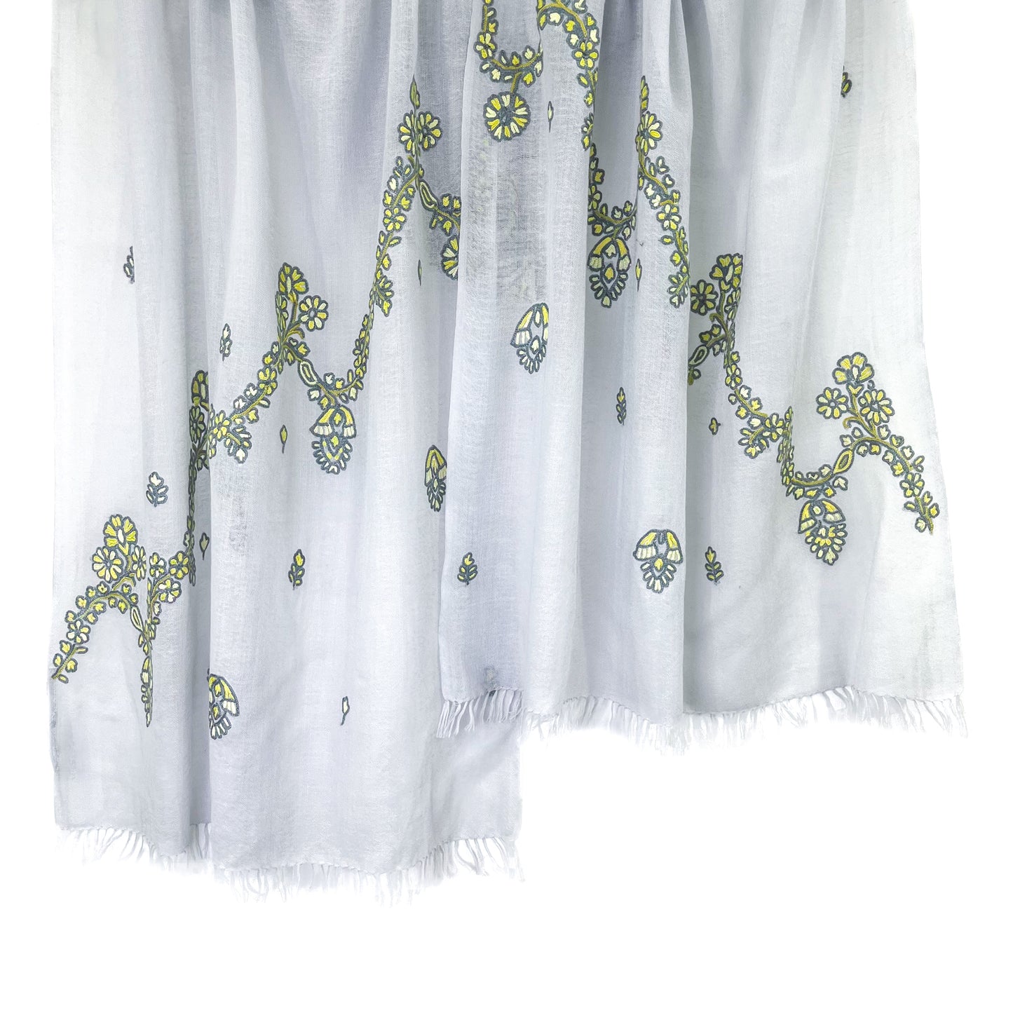 Jewelry Series Lightweight Wool & Silk Allie Hand Embroidered Stole (Light Gray/Yellow)