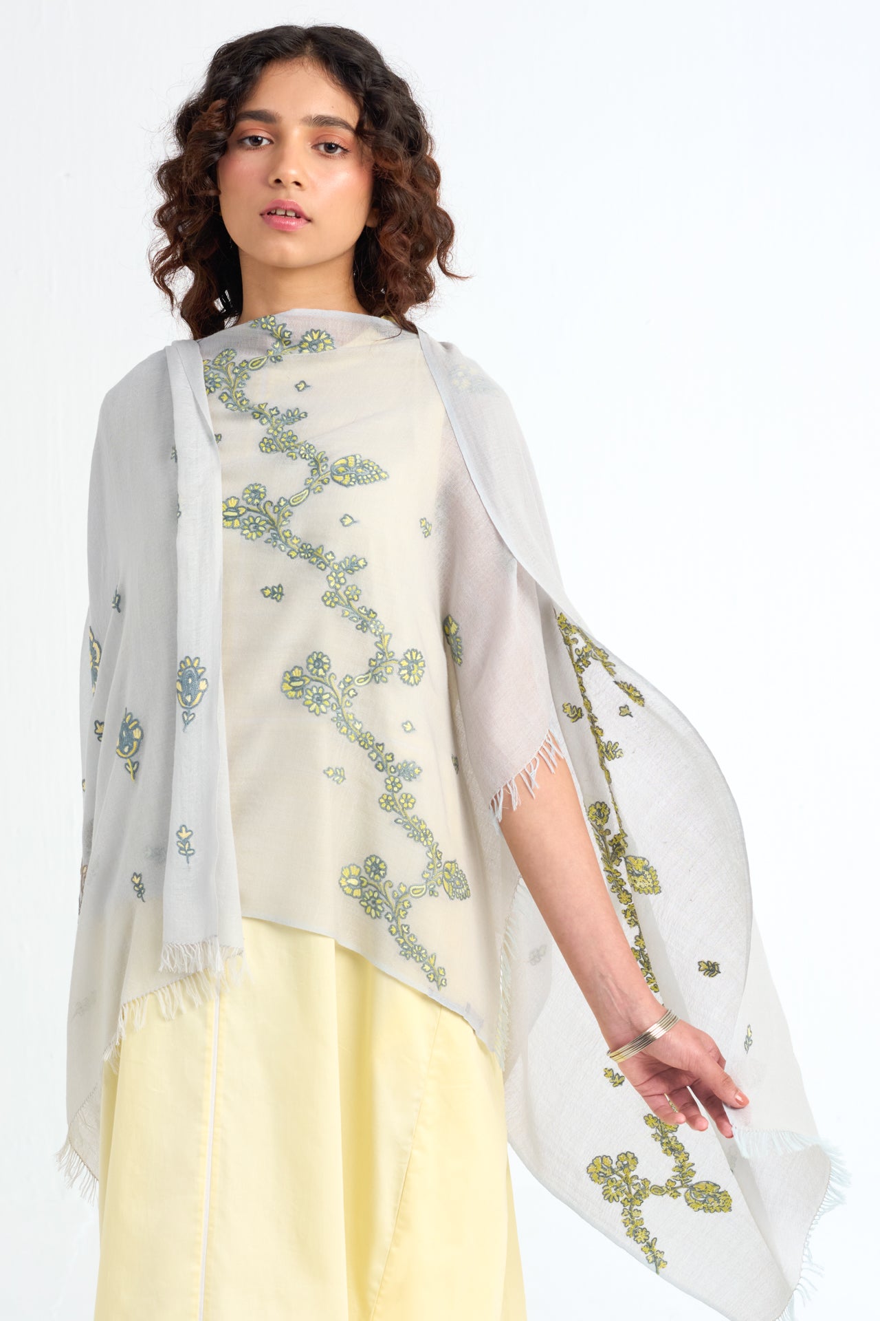 Jewelry Series Lightweight Wool & Silk Allie Hand Embroidered Stole (Light Gray/Yellow)