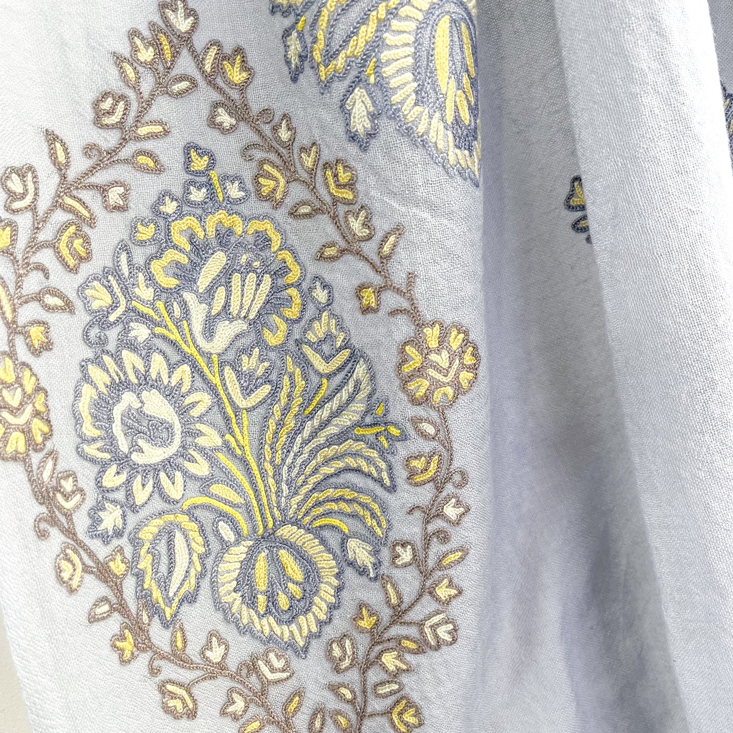 Jewelry Series Lightweight Wool & Silk Allie Hand Embroidered Stole (Light Gray/Yellow)