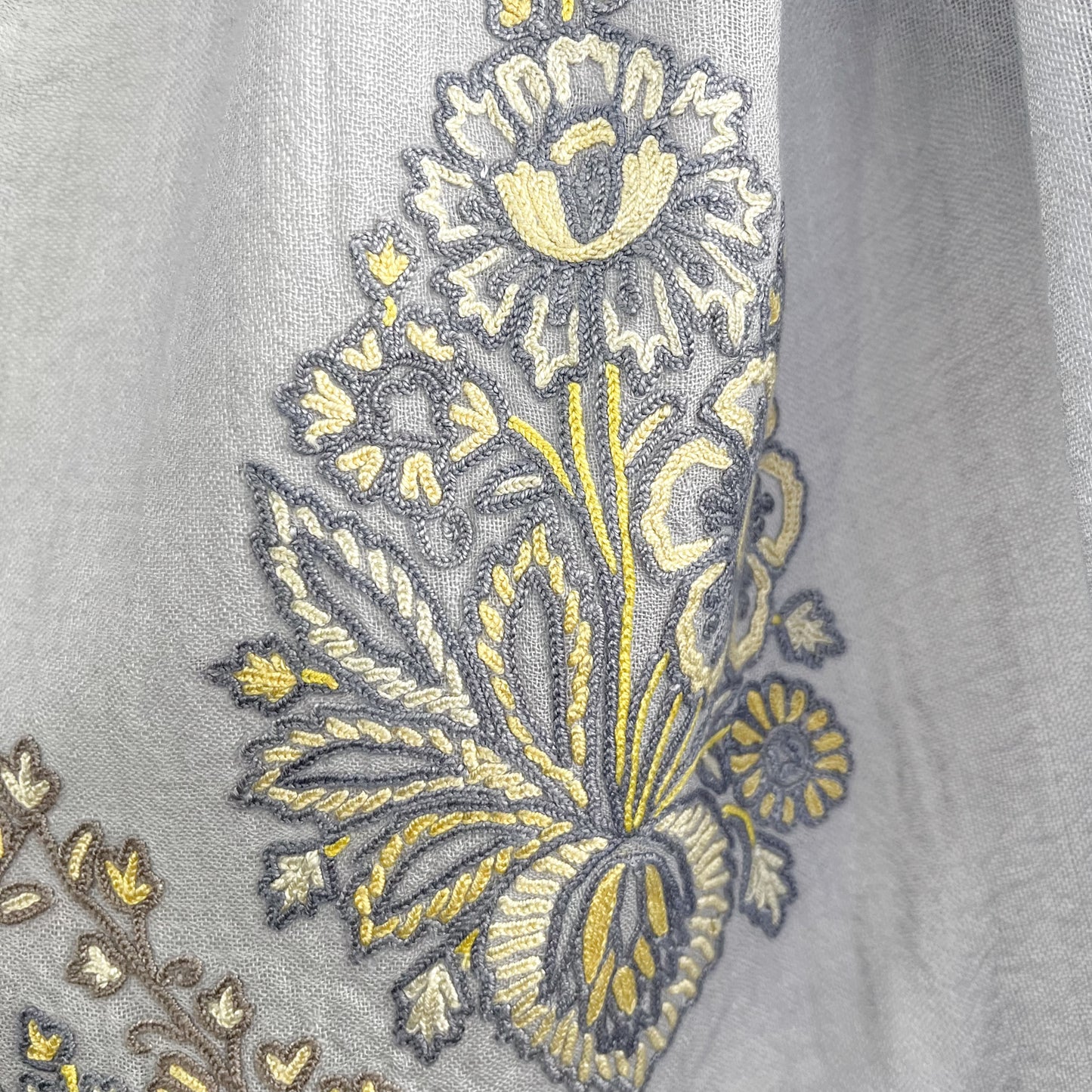 Jewelry Series Lightweight Wool & Silk Allie Hand Embroidered Stole (Light Gray/Yellow)