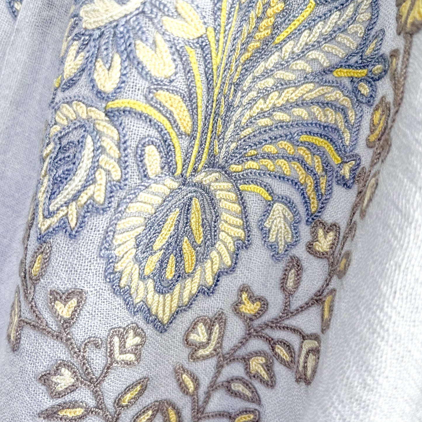 Jewelry Series Lightweight Wool & Silk Allie Hand Embroidered Stole (Light Gray/Yellow)