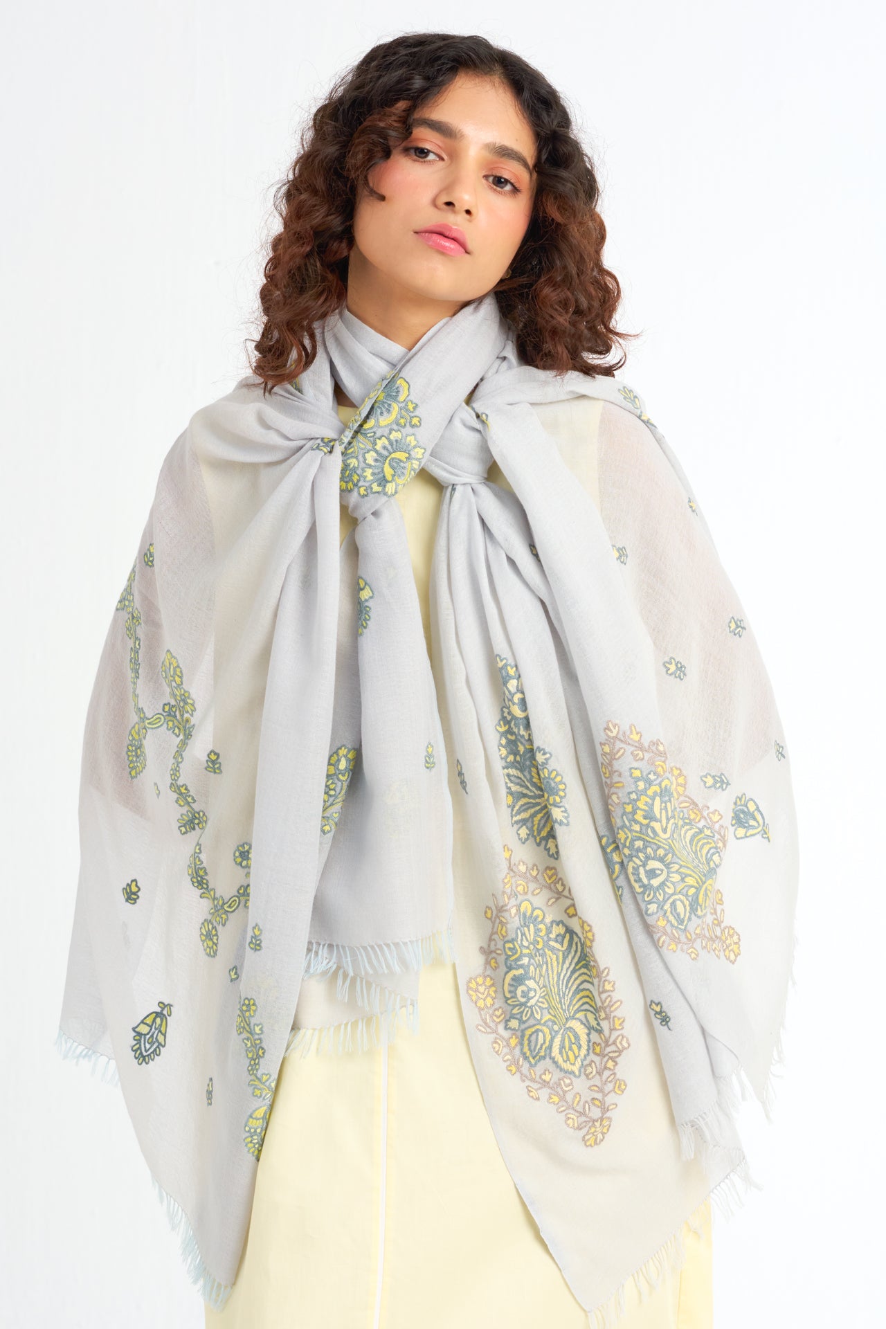 Jewelry Series Lightweight Wool & Silk Allie Hand Embroidered Stole (Light Gray/Yellow)