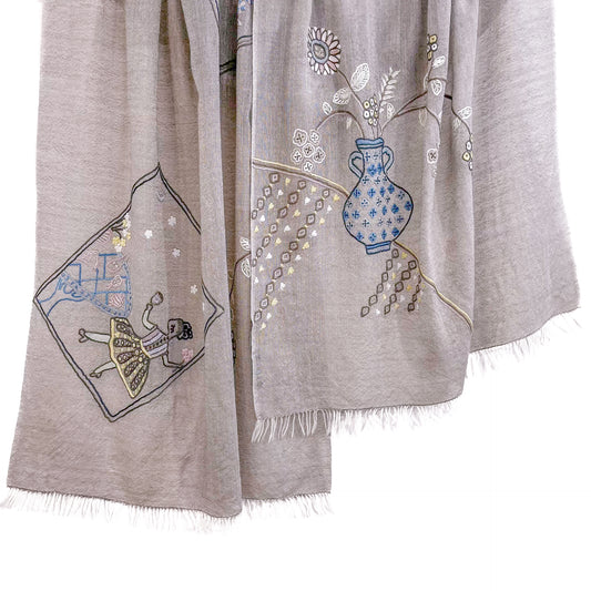 New Holiday Memories Wool/Silk Hand Embroidered Stole (Greige)