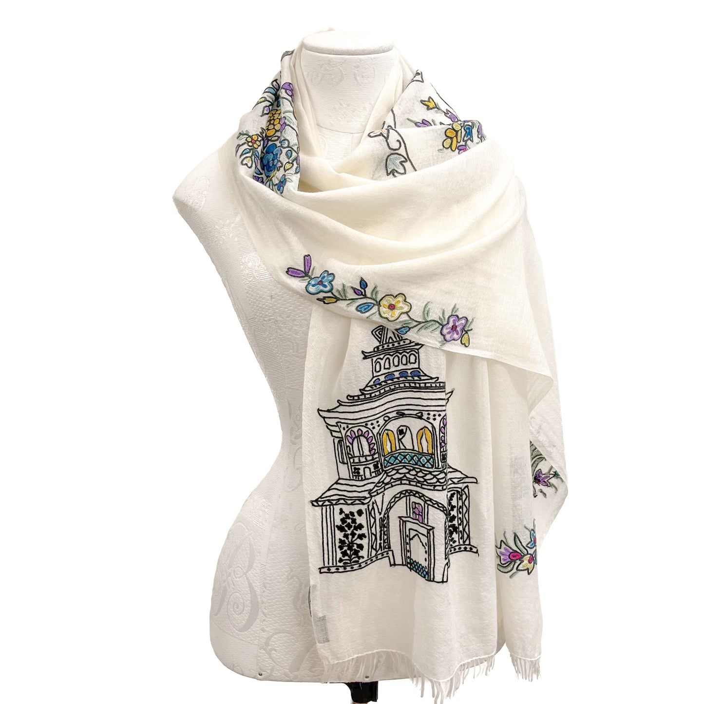 Lightweight wool and silk Allie hand-embroidered stole (white)
