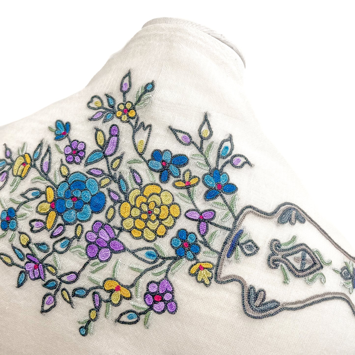 Lightweight wool and silk Allie hand-embroidered stole (white)