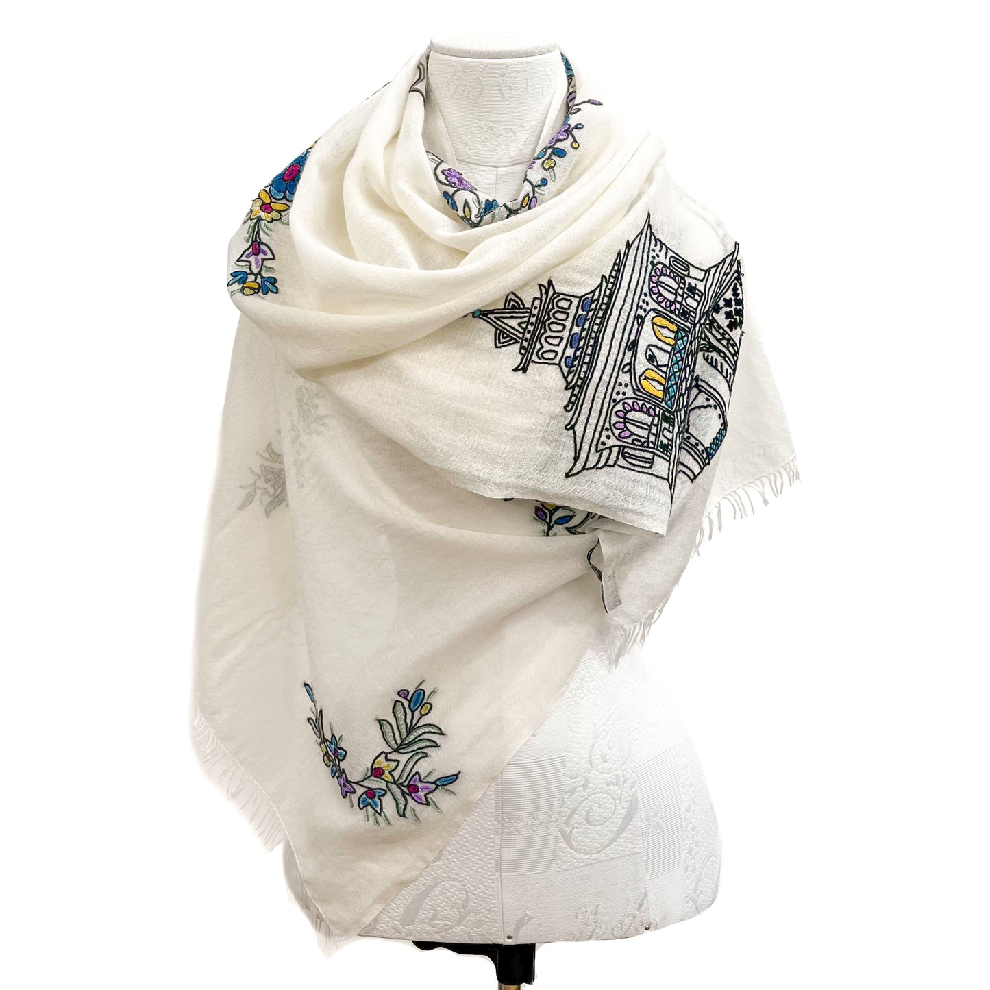 Lightweight wool and silk Allie hand-embroidered stole (white)