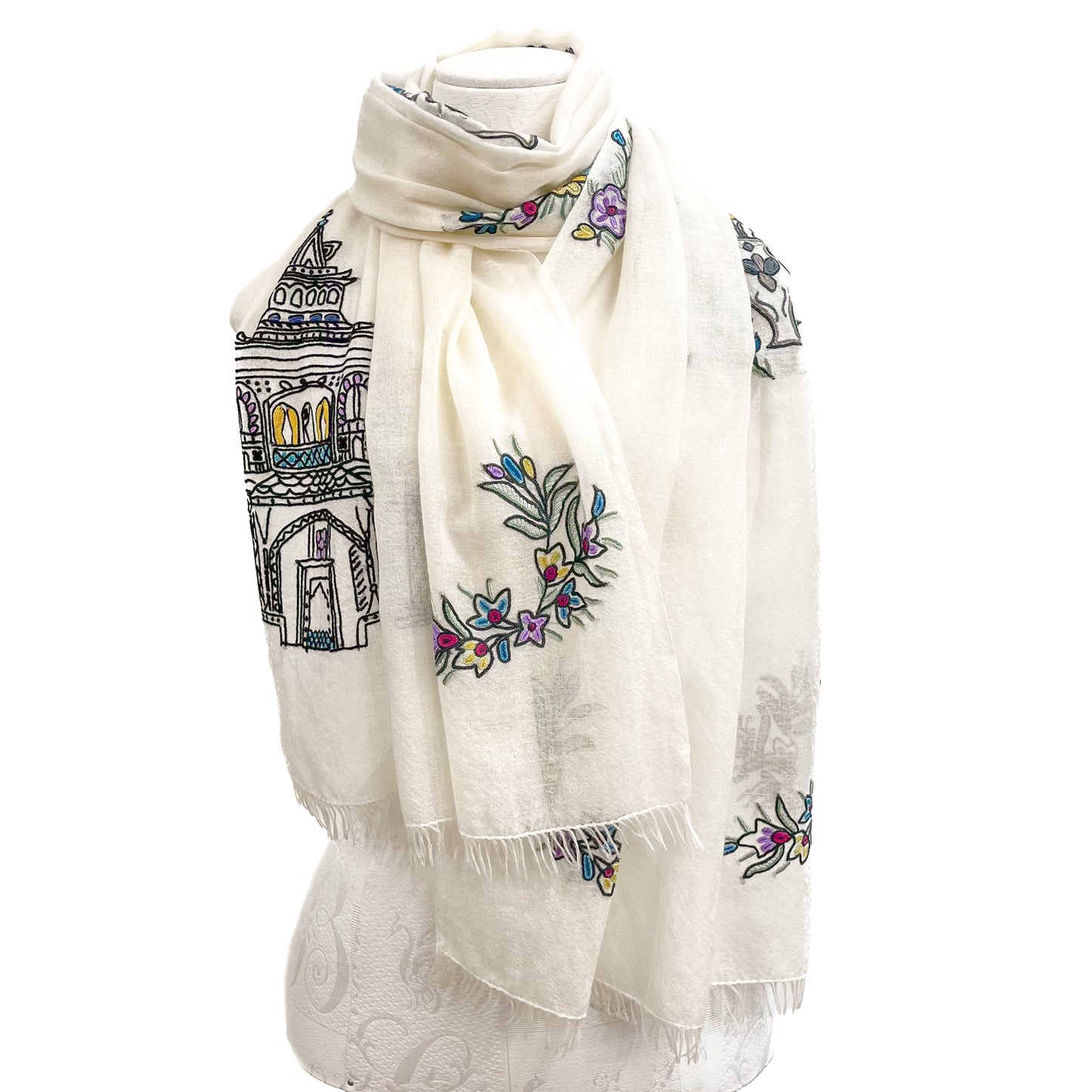 Lightweight wool and silk Allie hand-embroidered stole (white)