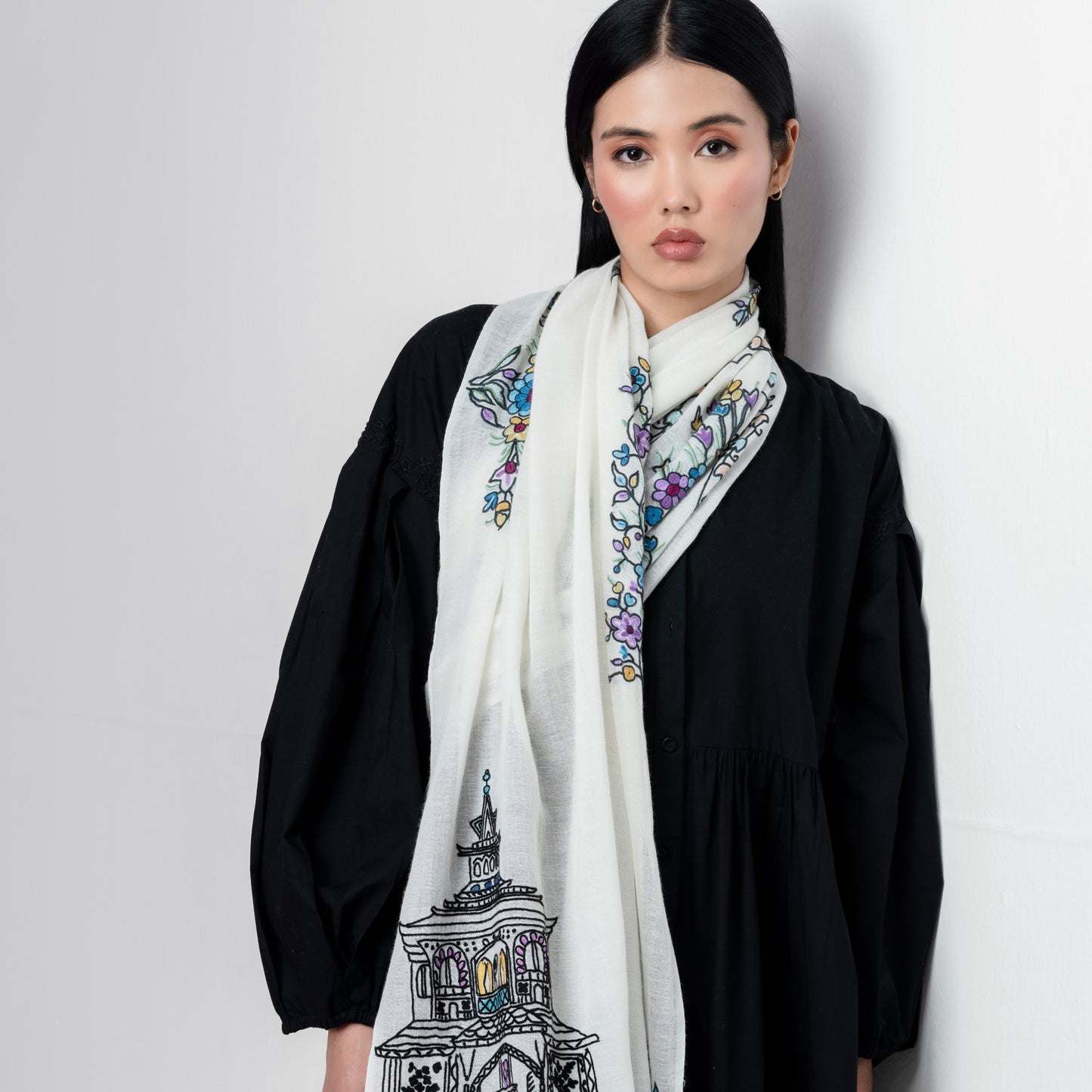 Lightweight wool and silk Allie hand-embroidered stole (white)
