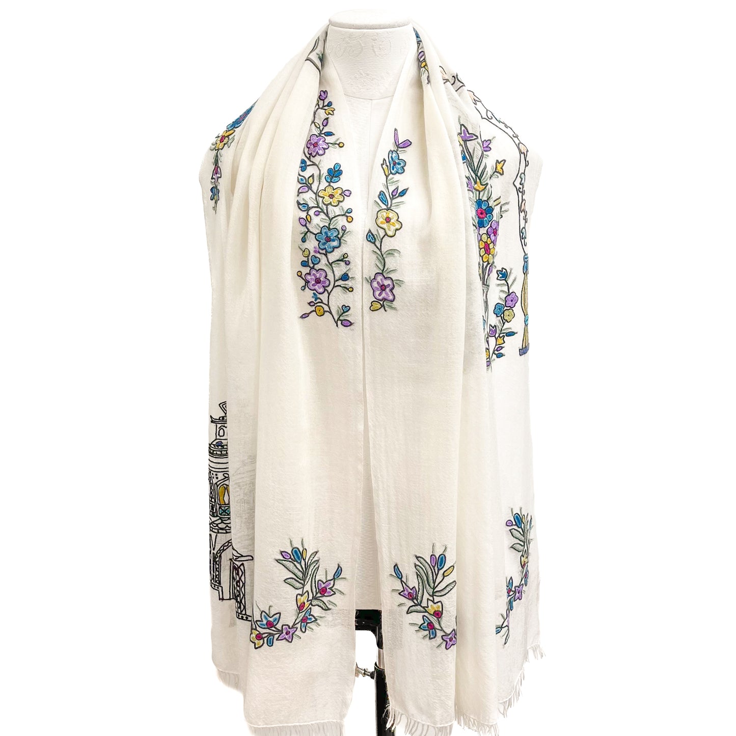 Lightweight wool and silk Allie hand-embroidered stole (white)