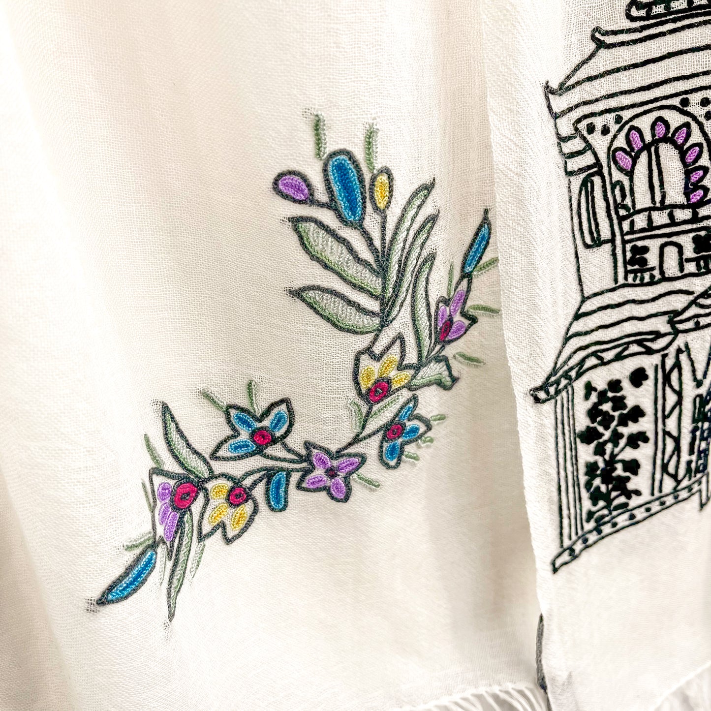 Lightweight wool and silk Allie hand-embroidered stole (white)