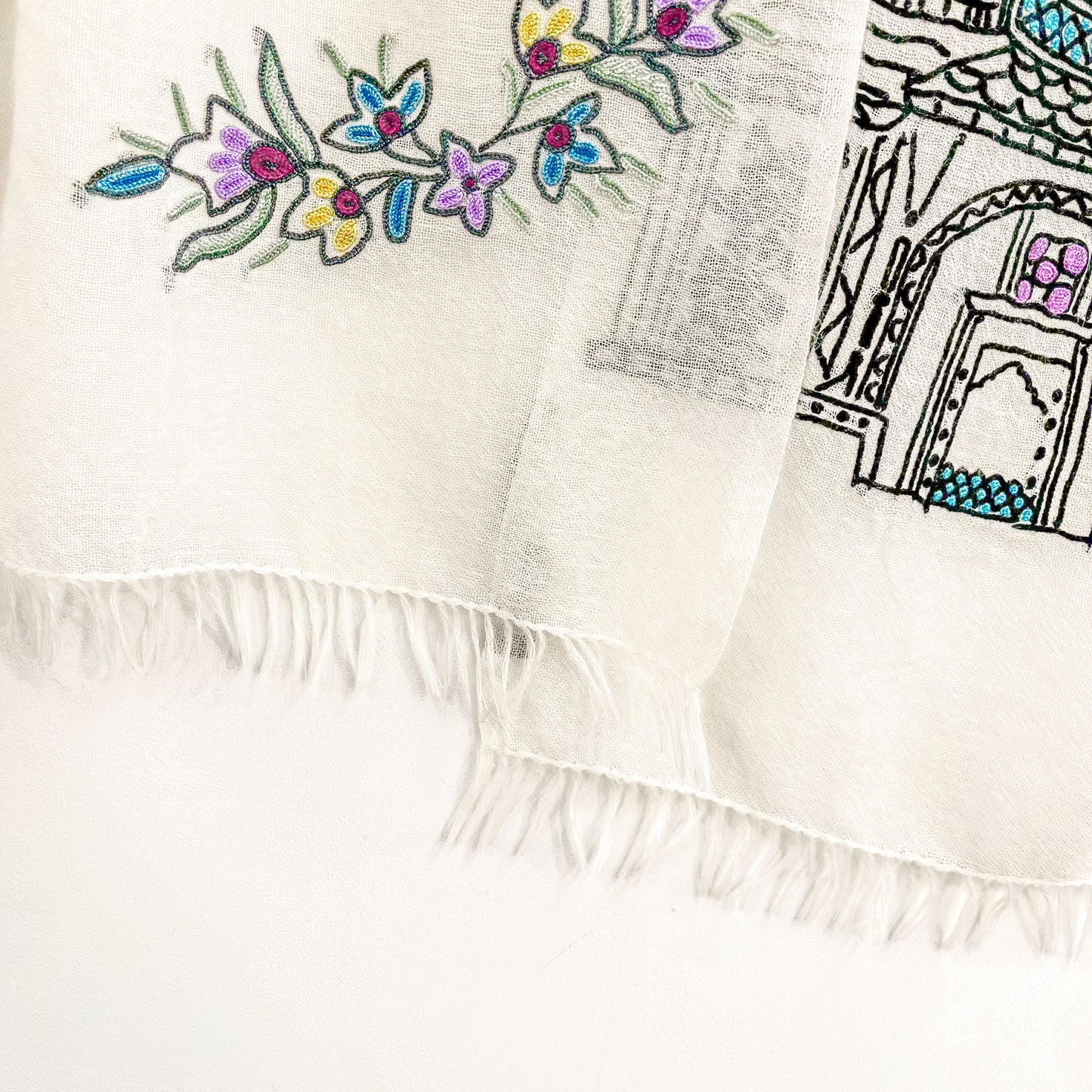 Lightweight wool and silk Allie hand-embroidered stole (white)
