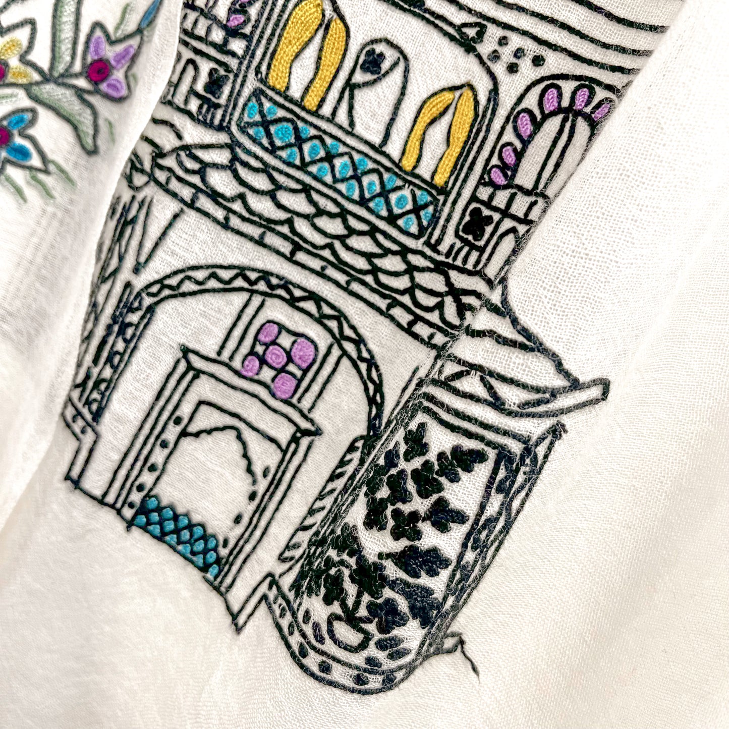 Lightweight wool and silk Allie hand-embroidered stole (white)