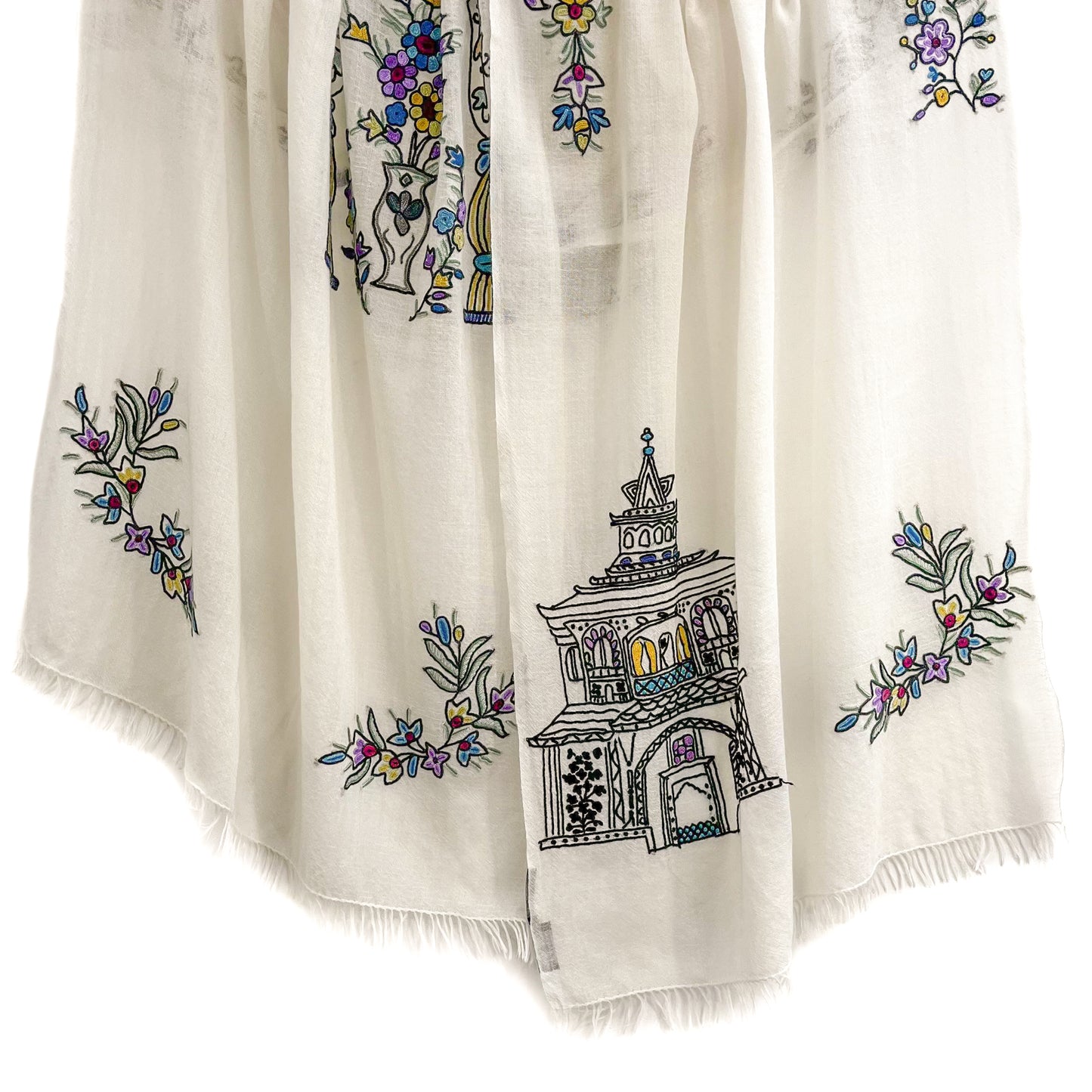 Lightweight wool and silk Allie hand-embroidered stole (white)