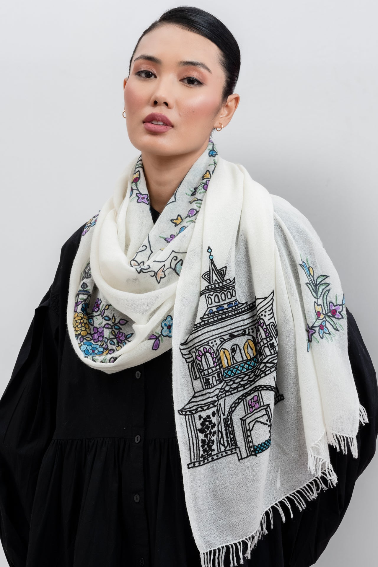 Lightweight wool and silk Allie hand-embroidered stole (white)