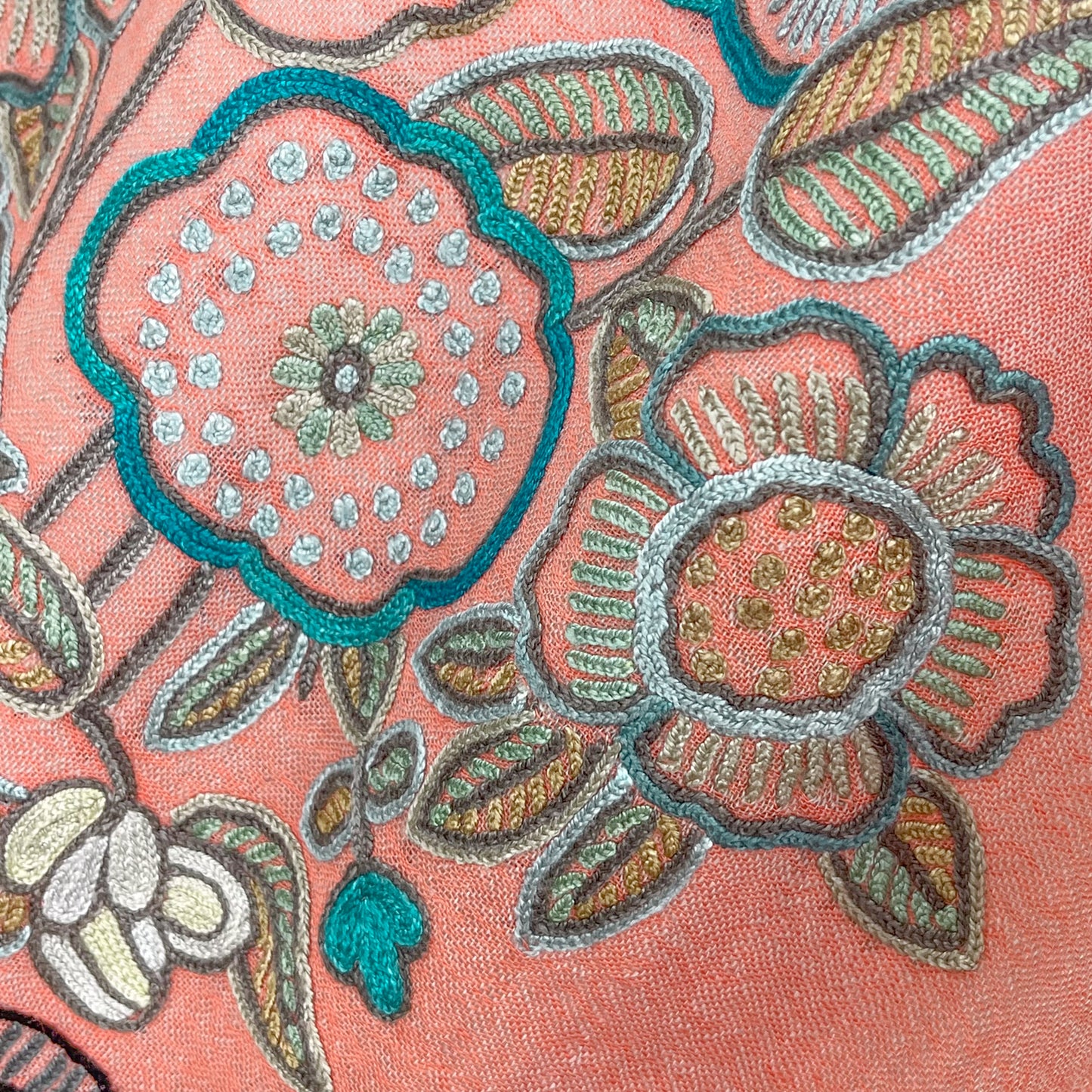FLOWER POT ウール&シルク アリー手刺繍ストール (サーモンピンク)