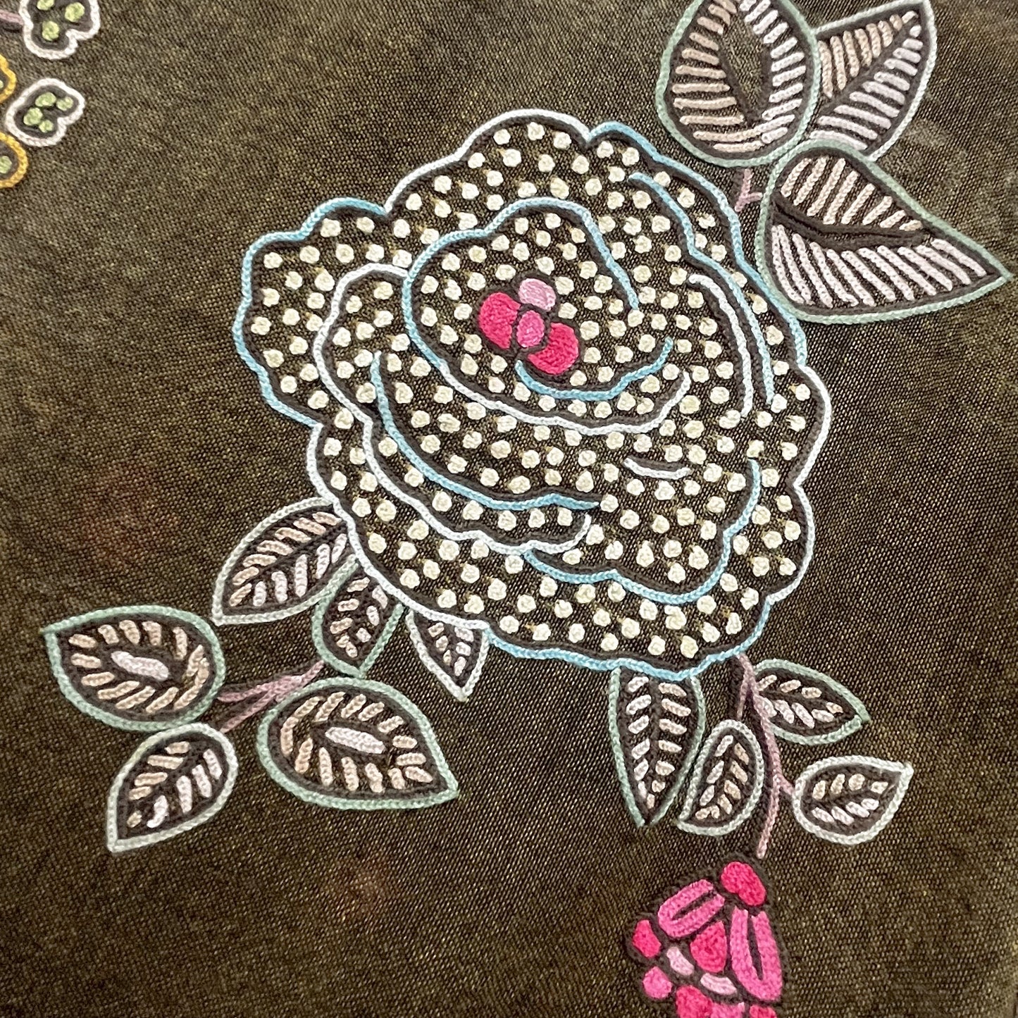 FLOWER POT ウール&シルク アリー手刺繍ストール (ダークカーキ)
