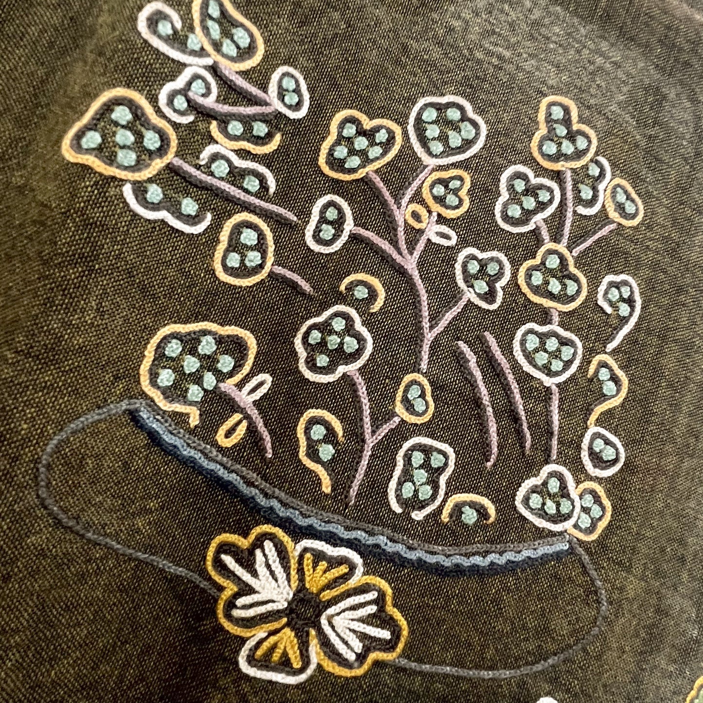 FLOWER POT ウール&シルク アリー手刺繍ストール (ダークカーキ)