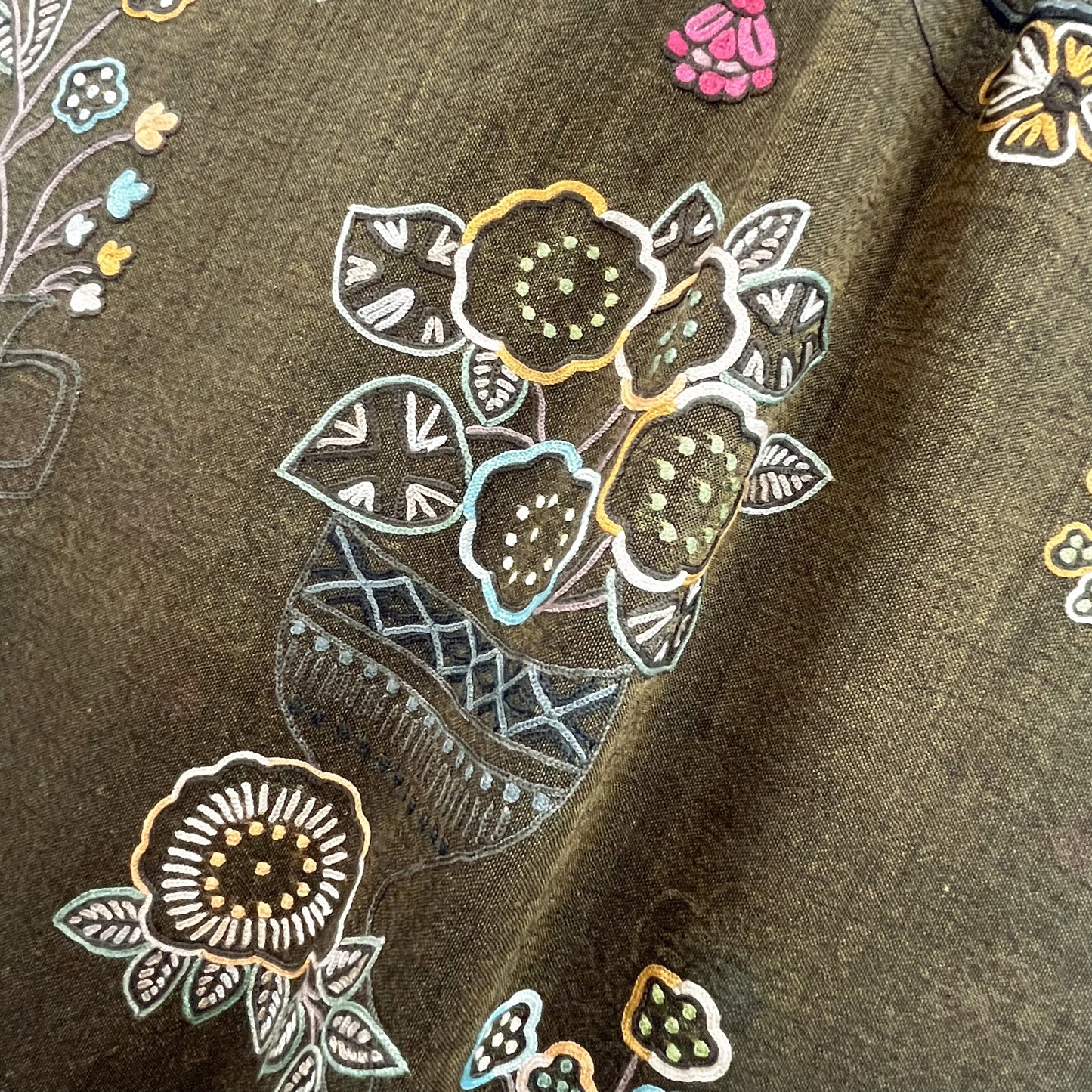 FLOWER POT ウール&シルク アリー手刺繍ストール (ダークカーキ)