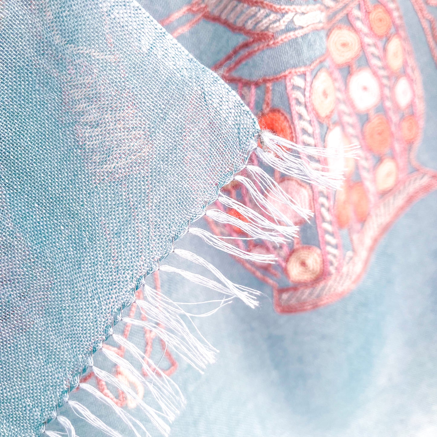 PARTY 薄手ウール&シルク アリー手刺繍ストール (ライトブルー/ピンク)