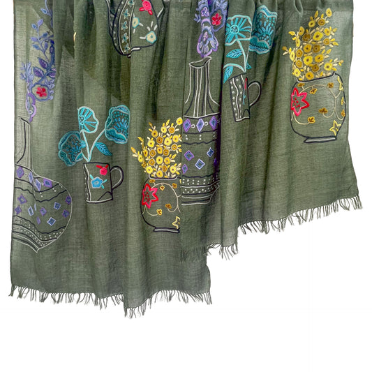 Flower Pot Wool & Silk Allie Hand Embroidered Stole (Dark Navy)