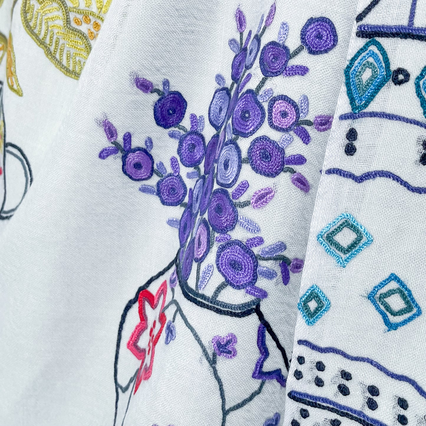 Flower Pot Wool & Silk Allie Hand Embroidered Stole (Dark Navy)